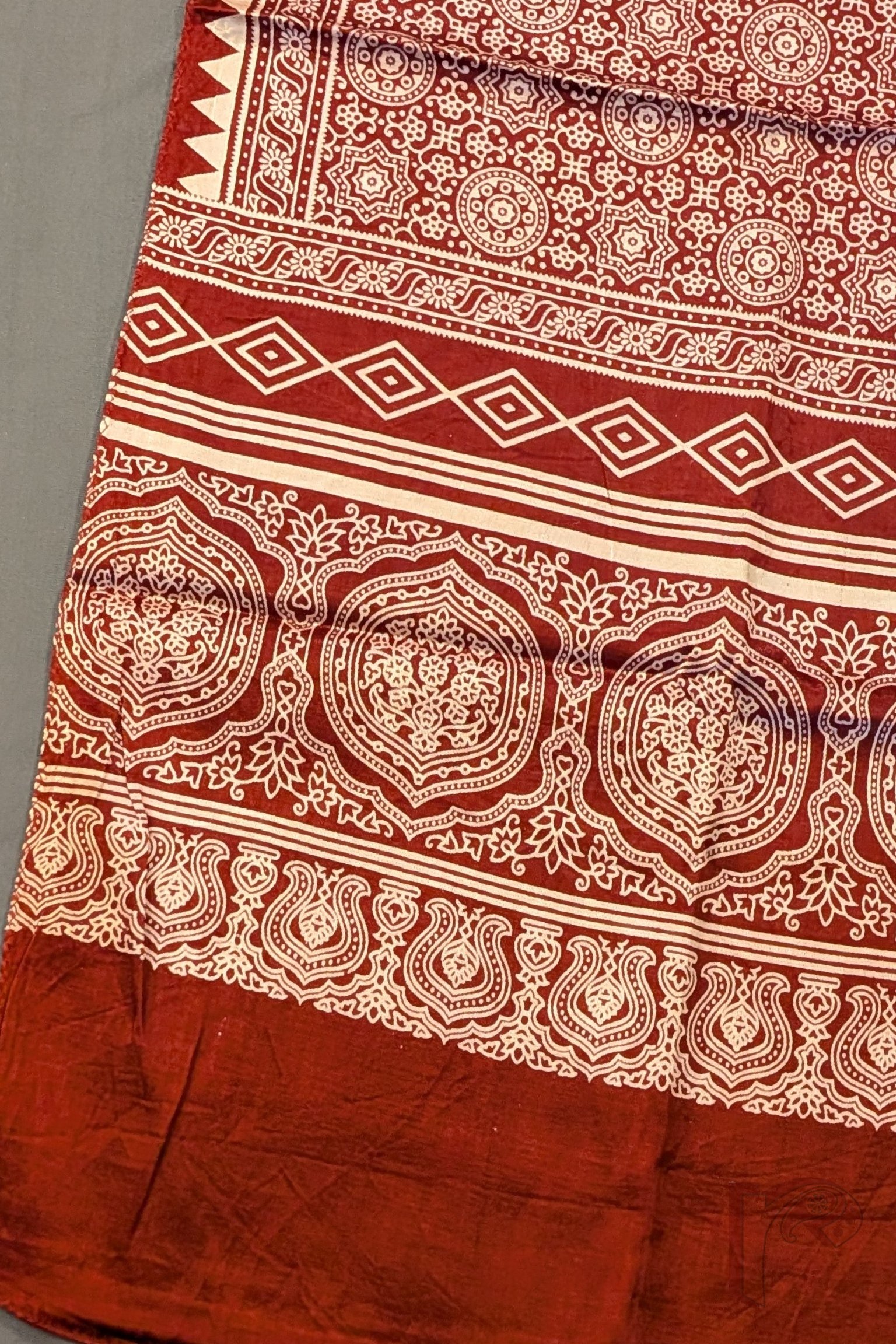 Dreamy Drapes - Rich Maroon Modal Silk Ajrakh Stole with Star Floral Motifs and Diamond-Oblong Border Panels - Image 3