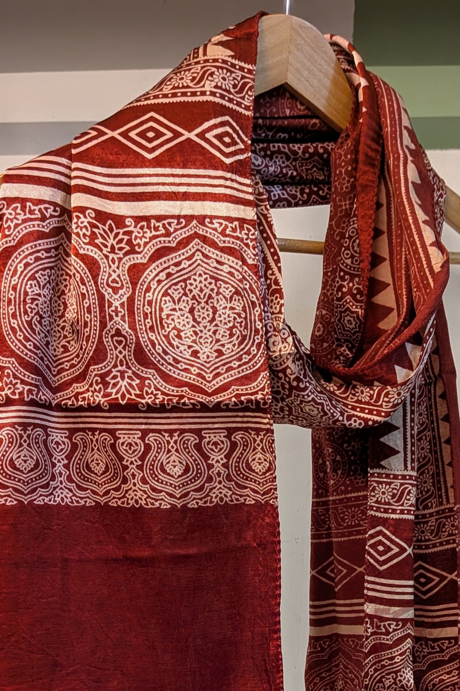 Dreamy Drapes - Rich Maroon Modal Silk Ajrakh Stole with Star Floral Motifs and Diamond-Oblong Border Panels - Image 4