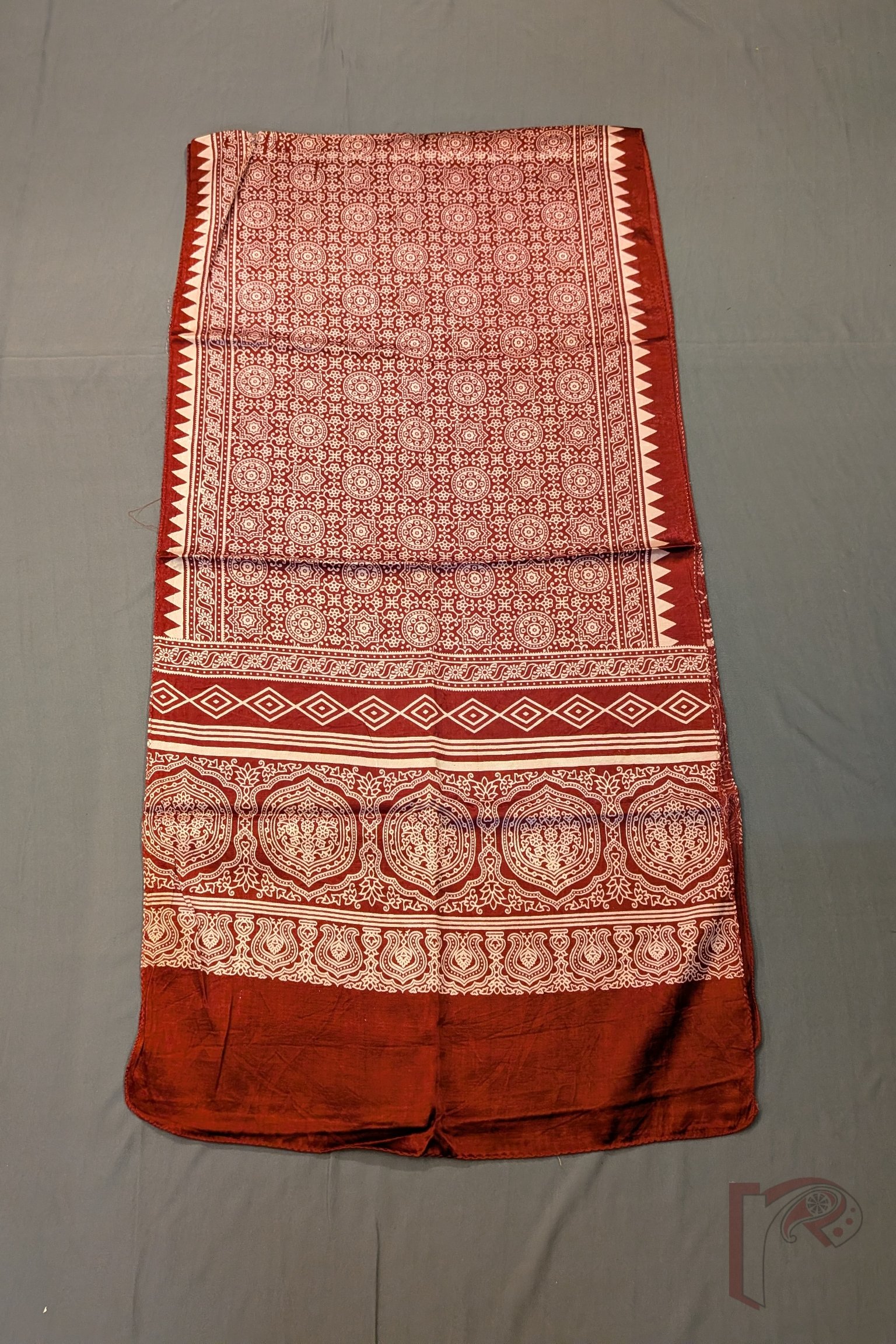 Dreamy Drapes - Rich Maroon Modal Silk Ajrakh Stole with Star Floral Motifs and Diamond-Oblong Border Panels - Image 5