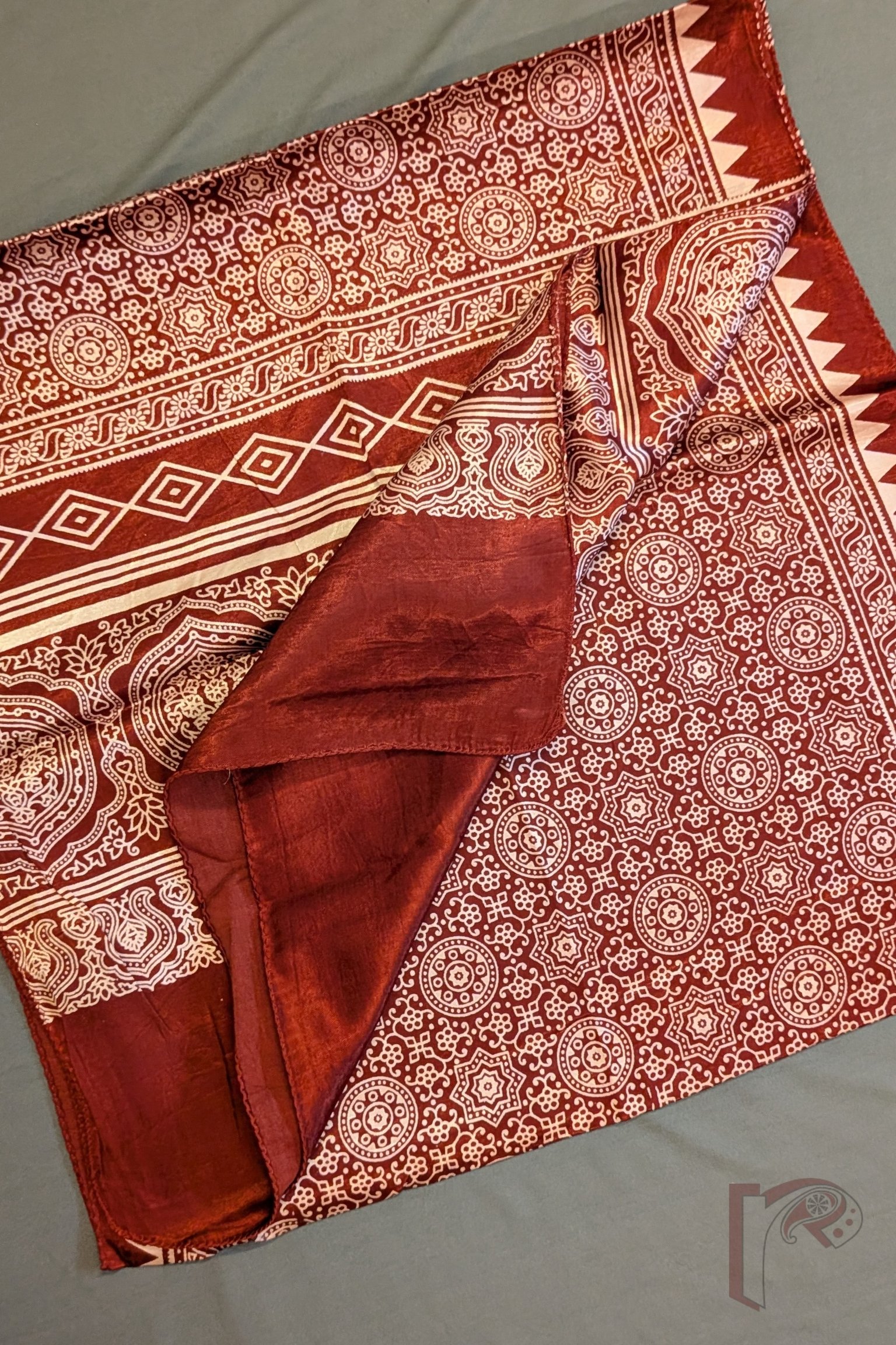 Dreamy Drapes - Rich Maroon Modal Silk Ajrakh Stole with Star Floral Motifs and Diamond-Oblong Border Panels - Image 6