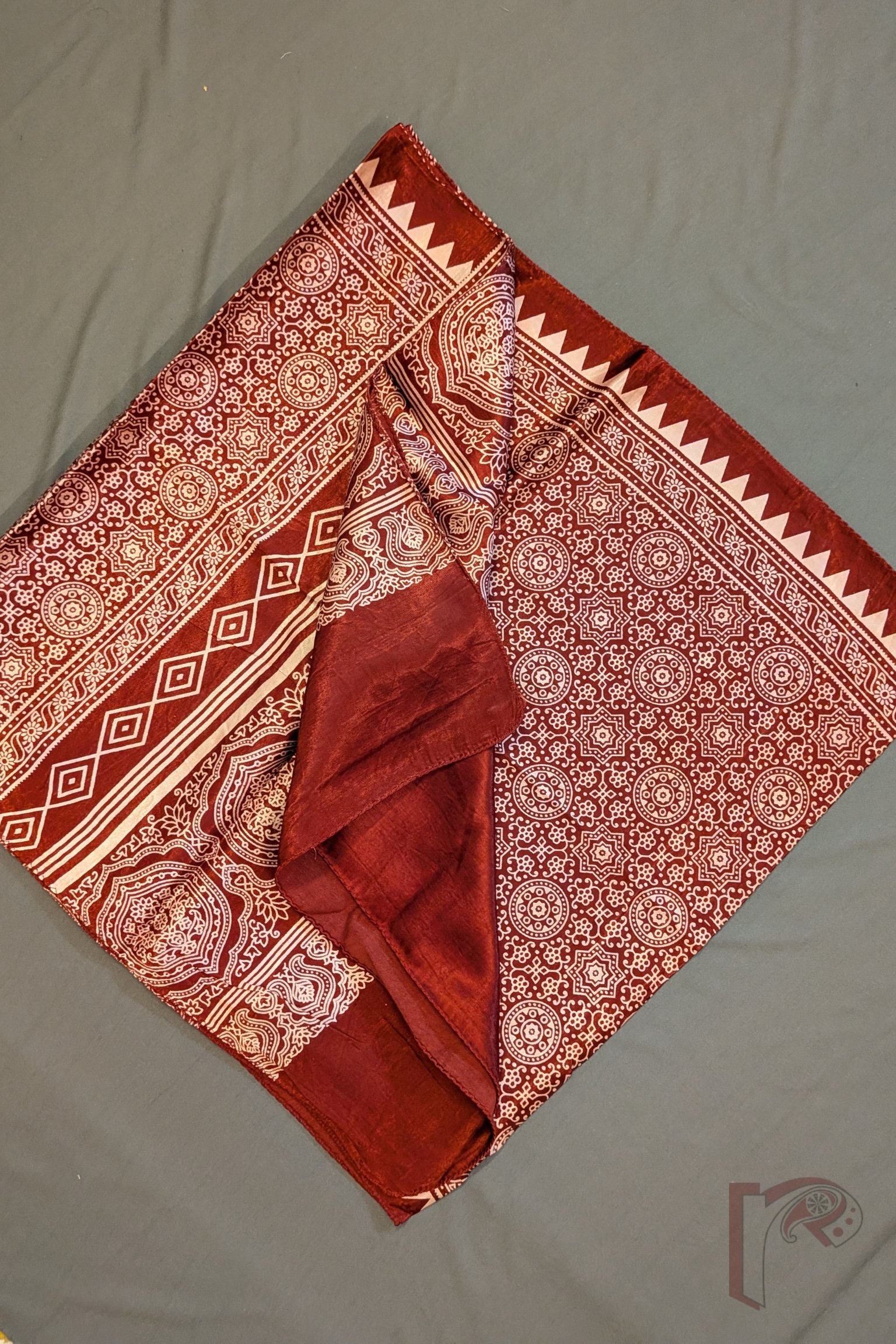 Dreamy Drapes - Rich Maroon Modal Silk Ajrakh Stole with Star Floral Motifs and Diamond-Oblong Border Panels - Image 7