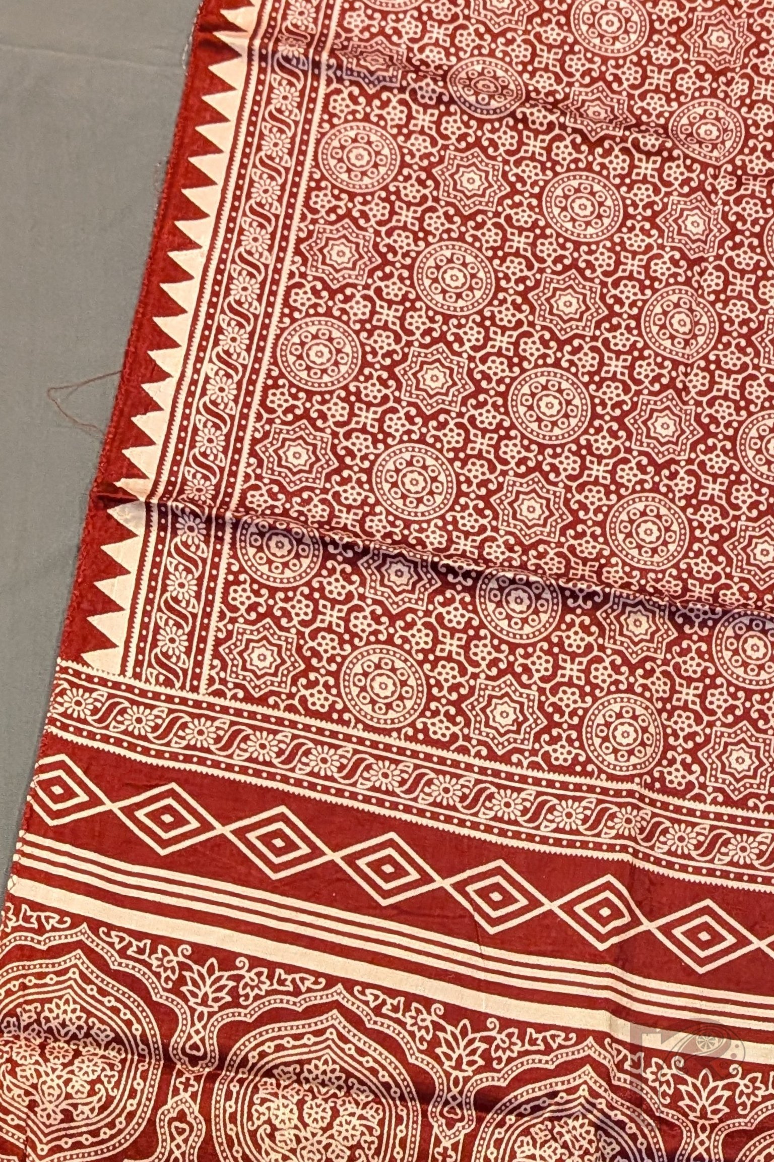 Dreamy Drapes - Rich Maroon Modal Silk Ajrakh Stole with Star Floral Motifs and Diamond-Oblong Border Panels - Image 8