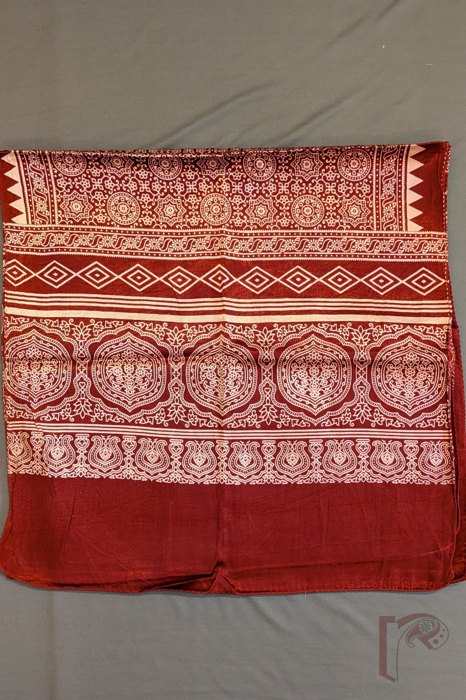 Dreamy Drapes - Rich Maroon Modal Silk Ajrakh Stole with Star Floral Motifs and Diamond-Oblong Border Panels - Image 9