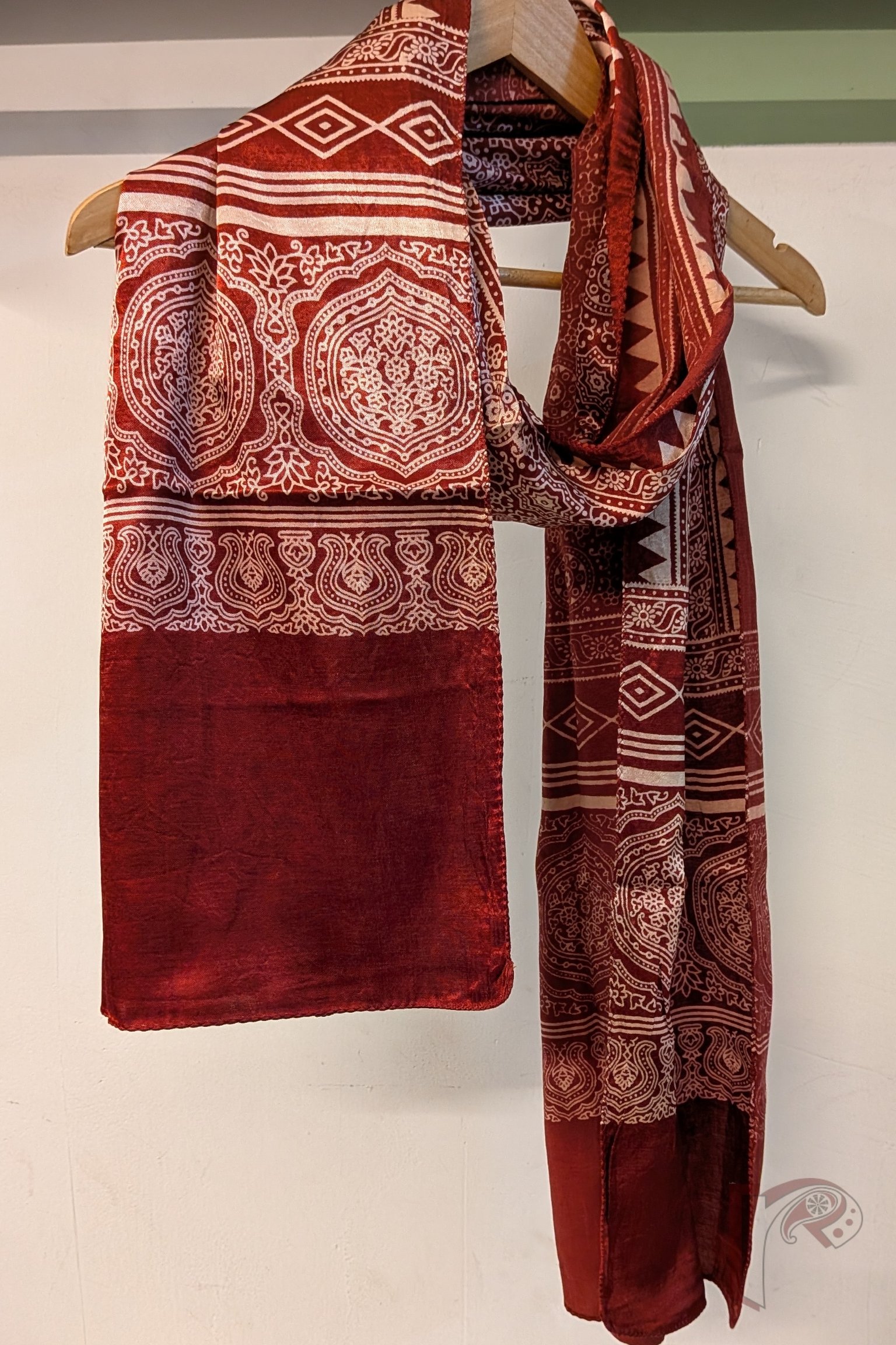 Dreamy Drapes - Rich Maroon Modal Silk Ajrakh Stole with Star Floral Motifs and Diamond-Oblong Border Panels