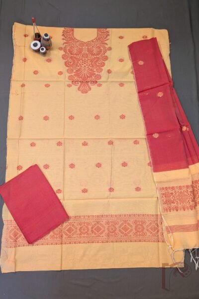 Suit Stories – Light Orange and Dull Red Cotton Jamdani Suit Set with Floral Tree Yoke