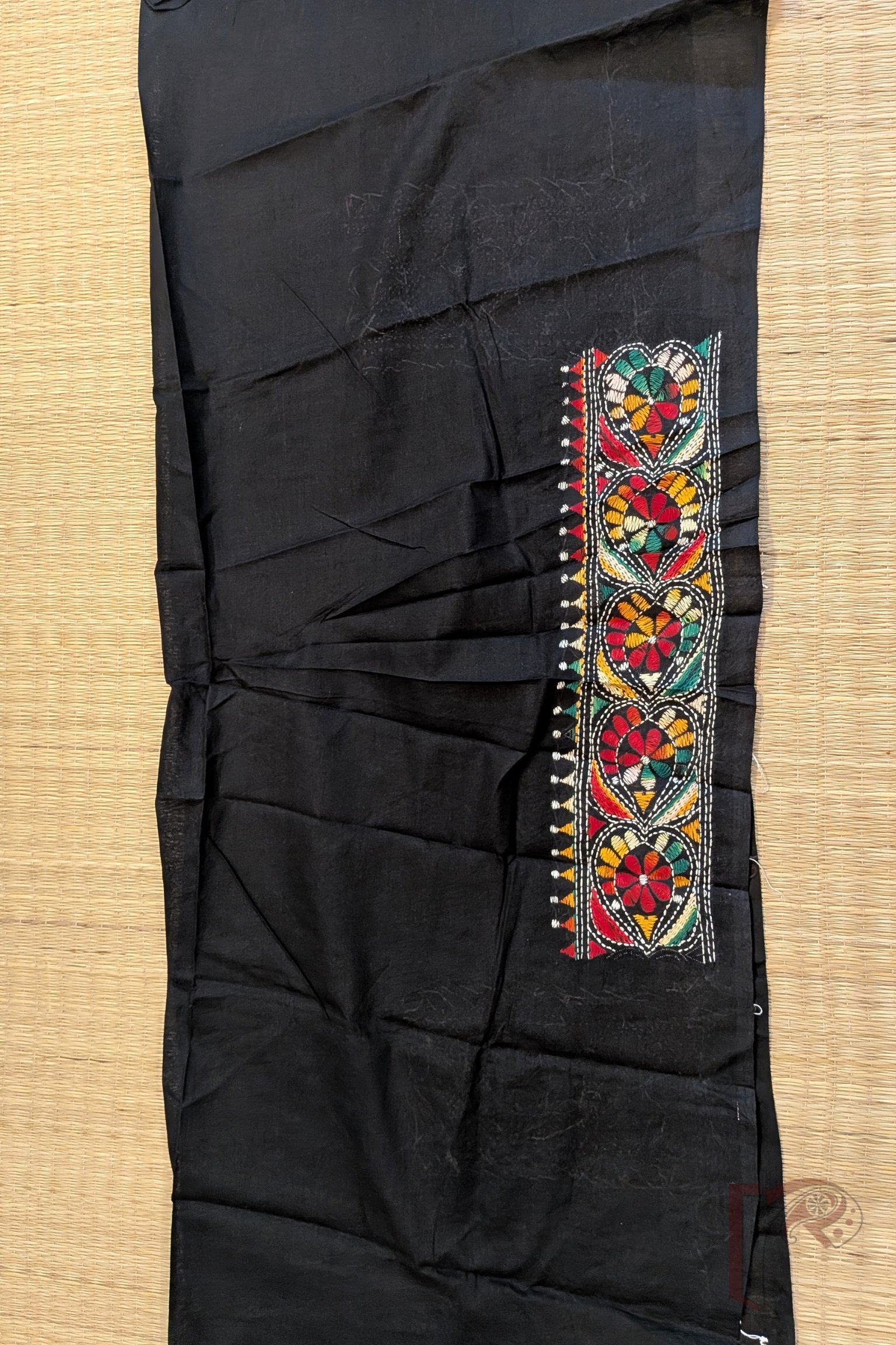 Black Cotton Kantha Blouse Piece with Spade-Shaped Leaf Motifs and Multicolour Floral Fill - Image 2
