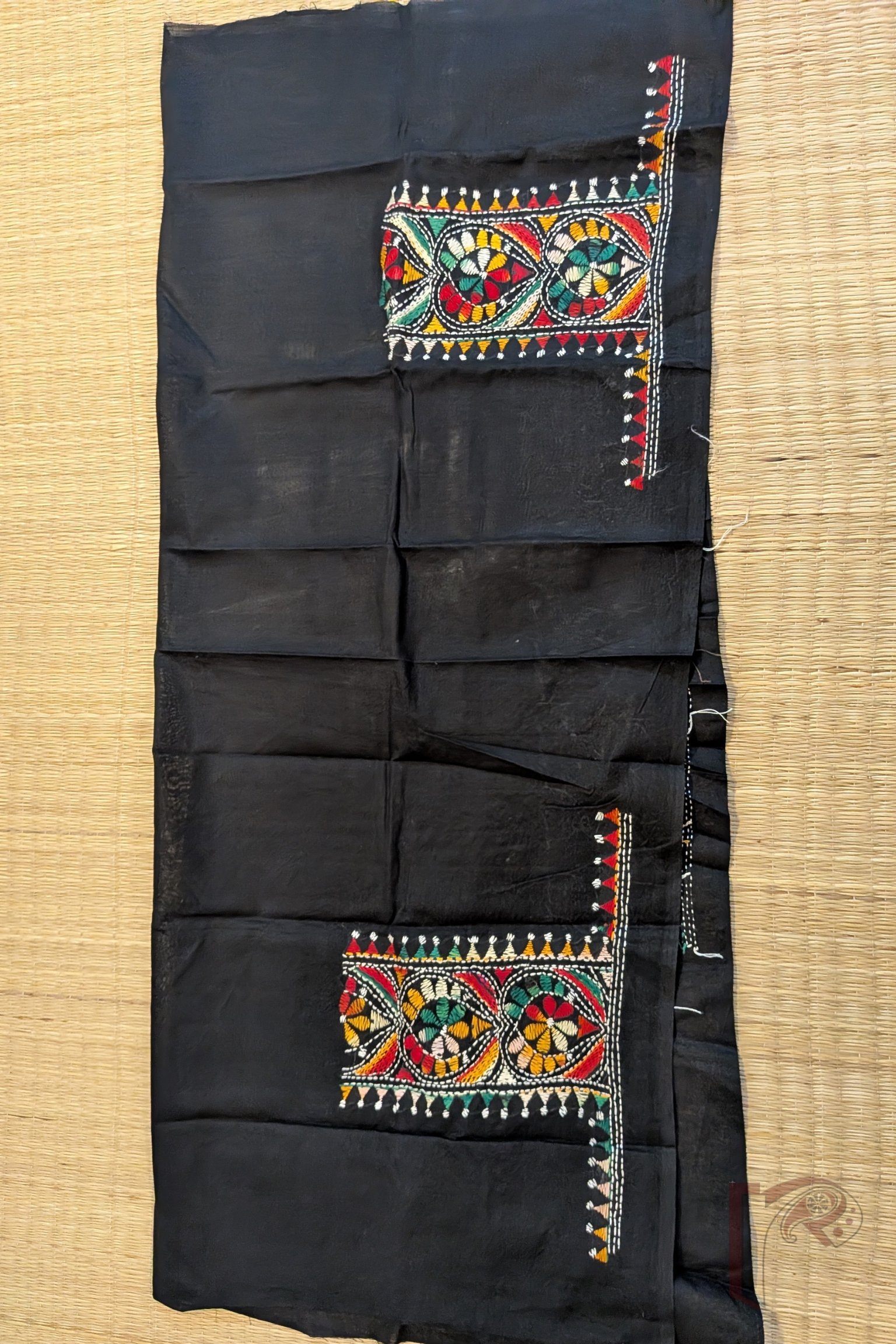 Black Cotton Kantha Blouse Piece with Spade-Shaped Leaf Motifs and Multicolour Floral Fill - Image 3