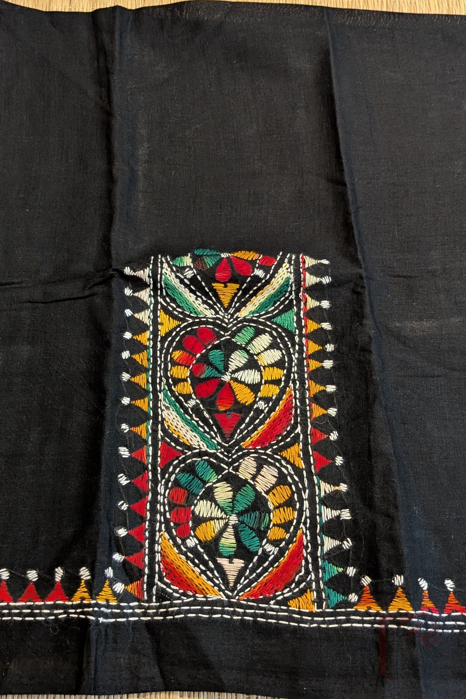 Black Cotton Kantha Blouse Piece with Spade-Shaped Leaf Motifs and Multicolour Floral Fill - Image 4