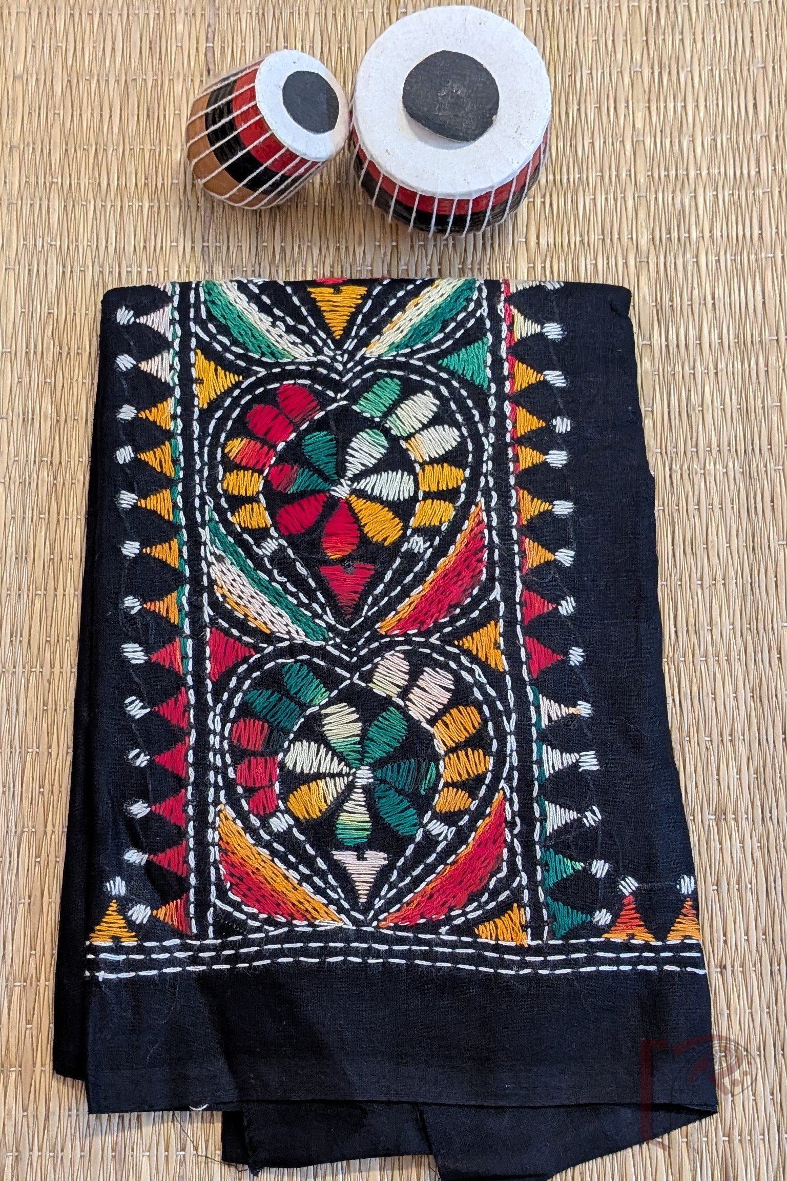 Black Cotton Kantha Blouse Piece with Spade-Shaped Leaf Motifs and Multicolour Floral Fill