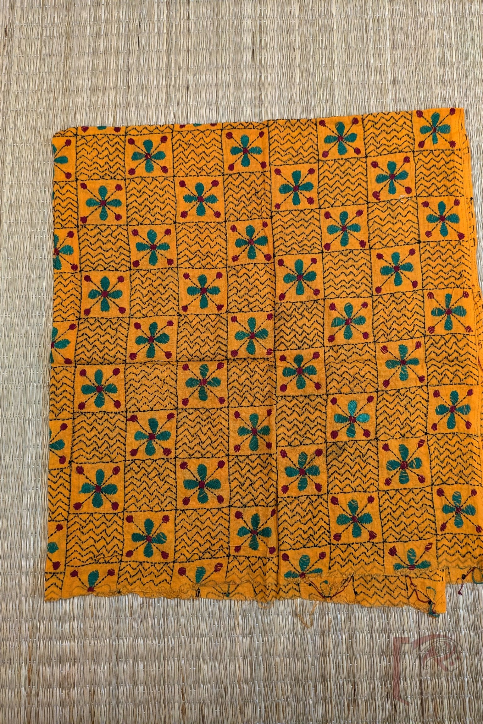 Mango Yellow Cotton Blouse with Black Zigzag and Green-Maroon Floral Kantha Grid - Image 2