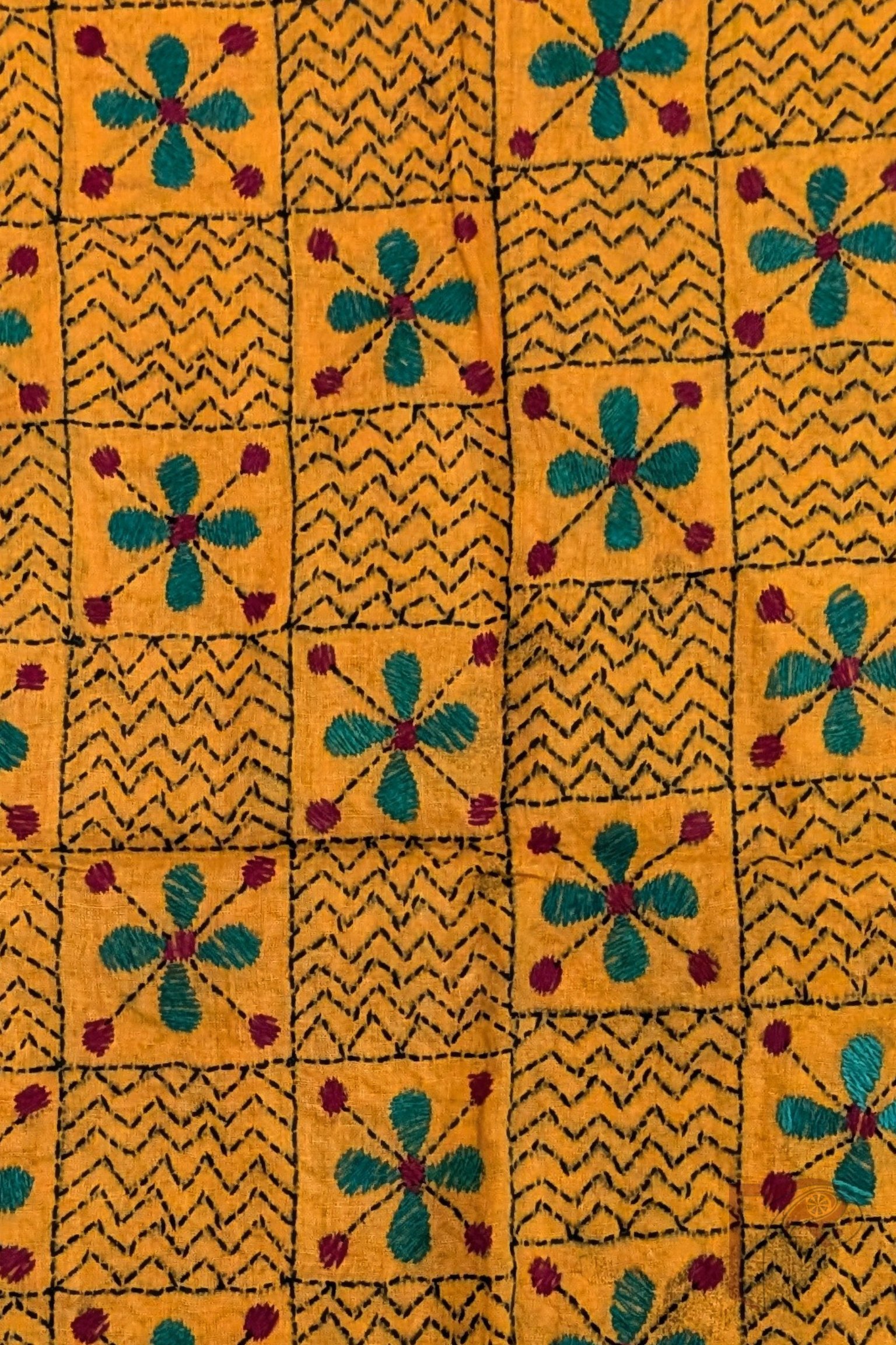 Mango Yellow Cotton Blouse with Black Zigzag and Green-Maroon Floral Kantha Grid - Image 3