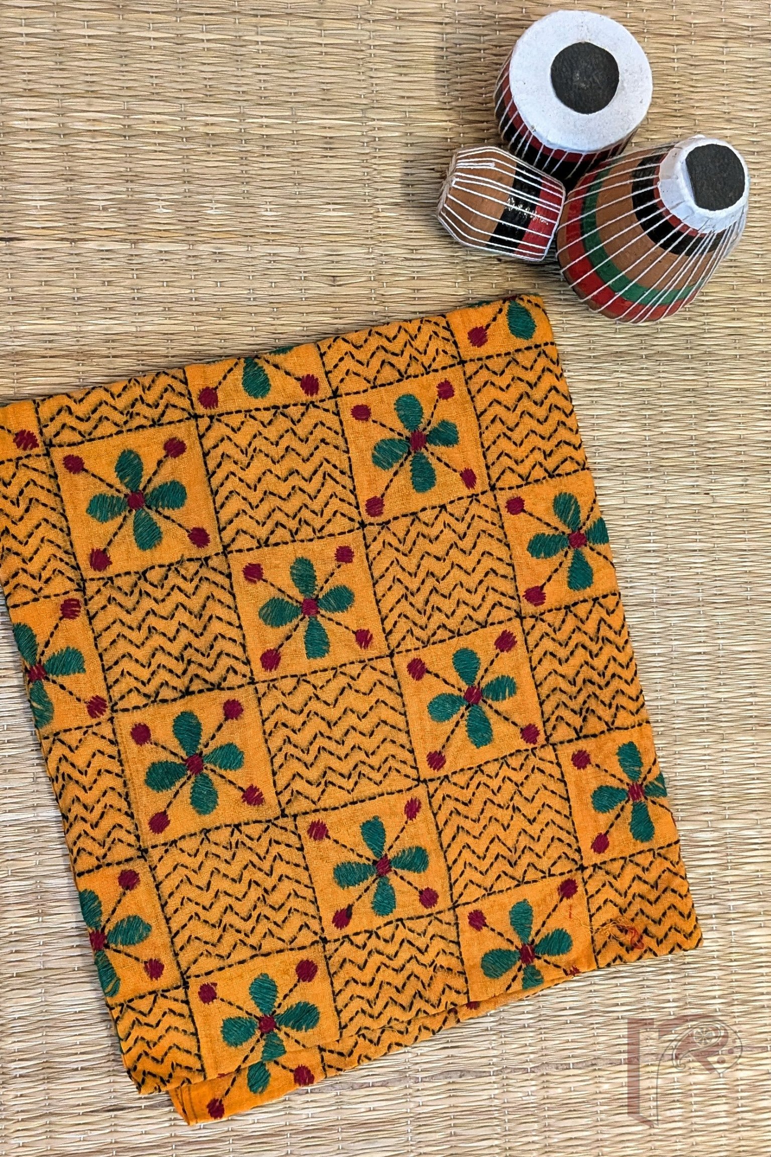 Mango Yellow Cotton Blouse with Black Zigzag and Green-Maroon Floral Kantha Grid