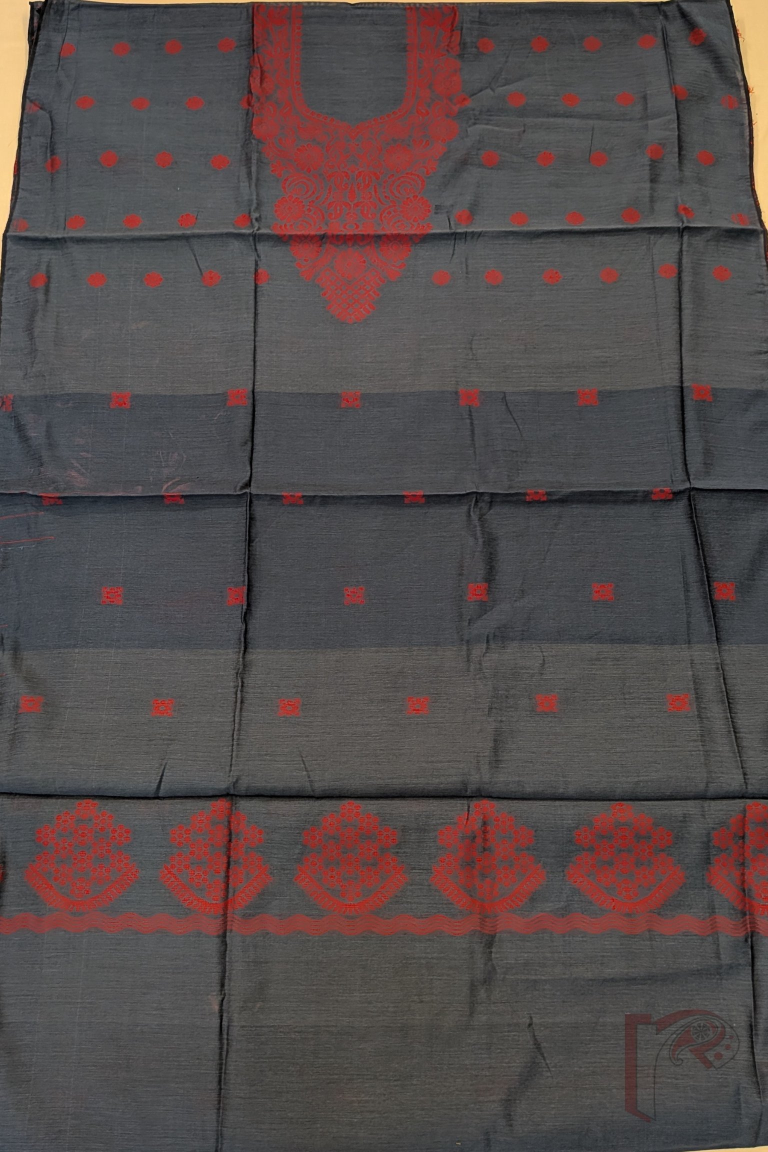 Suit Stories – Grey and Tomato Red Cotton Jamdani Suit Set with Floral Yoke and Border - Image 3