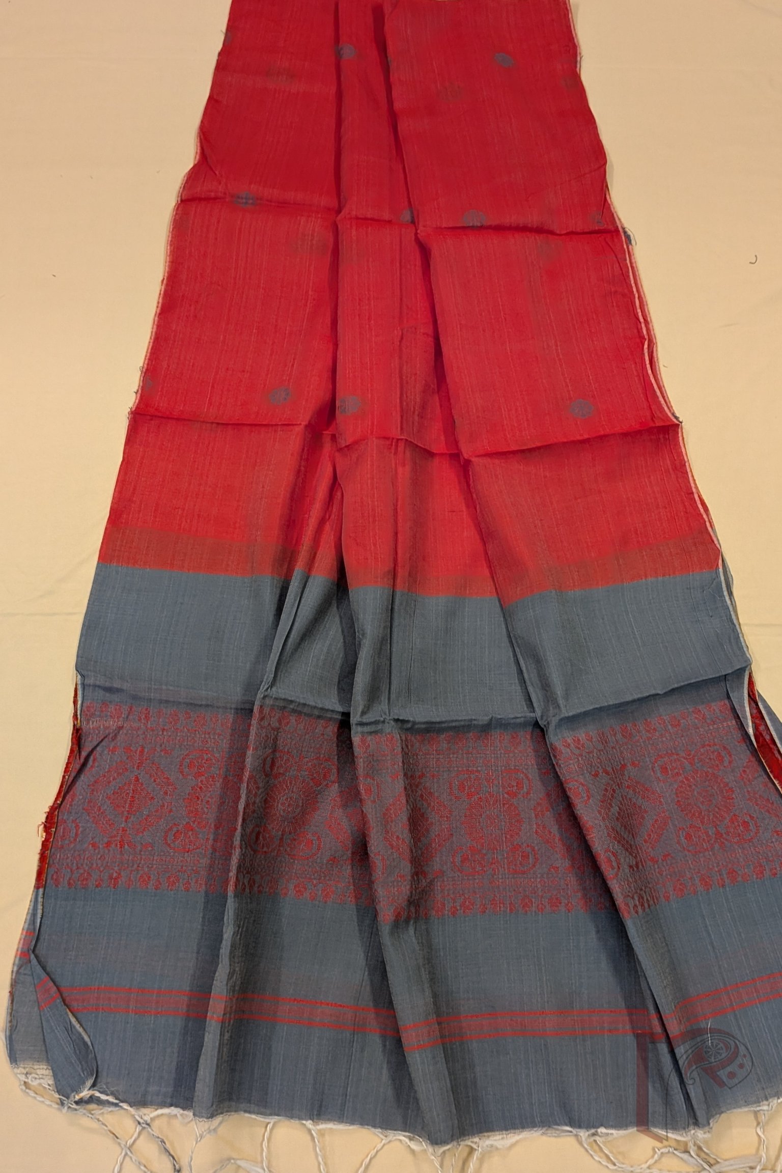 Suit Stories – Grey and Tomato Red Cotton Jamdani Suit Set with Floral Yoke and Border - Image 5