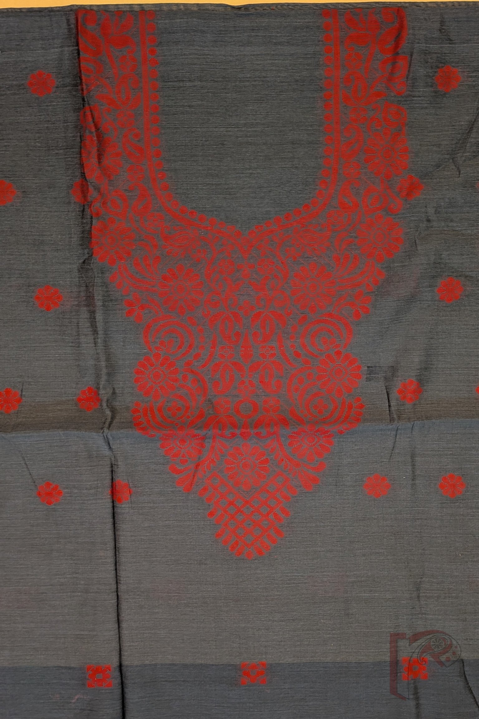Suit Stories – Grey and Tomato Red Cotton Jamdani Suit Set with Floral Yoke and Border - Image 6