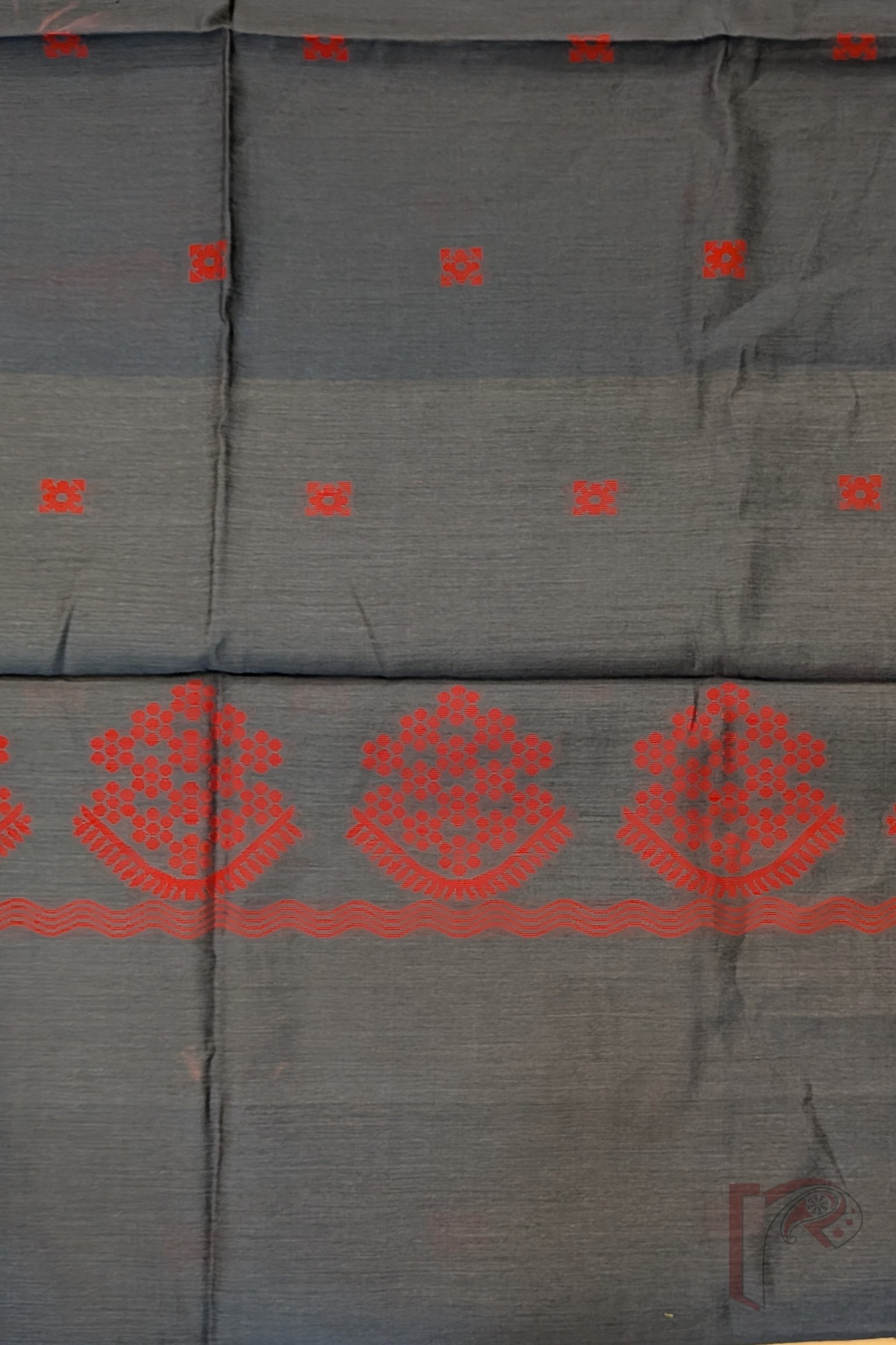 Suit Stories – Grey and Tomato Red Cotton Jamdani Suit Set with Floral Yoke and Border - Image 7