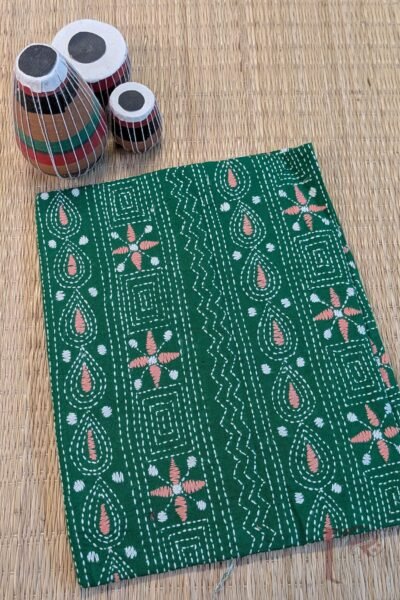 Bright Green Cotton Blouse with White Geometric Kantha and Peach Floral Motifs