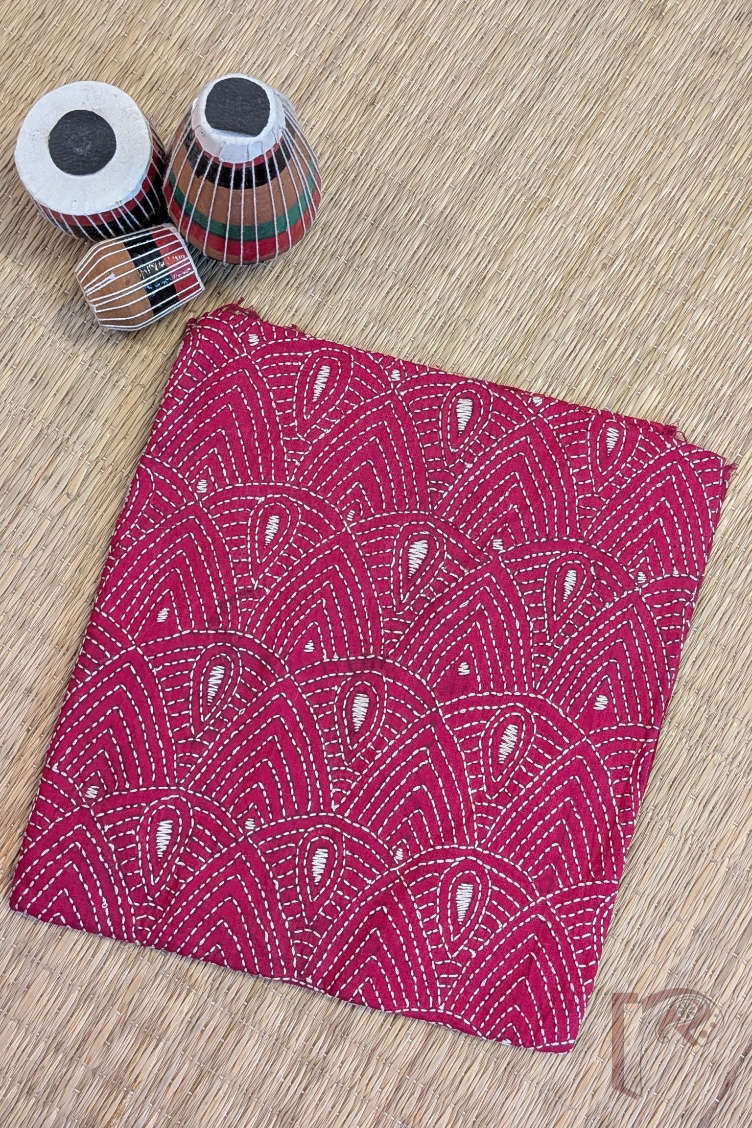 Pink Cotton Blouse with White Scalloped Kantha Lines and Tear Drop Motifs