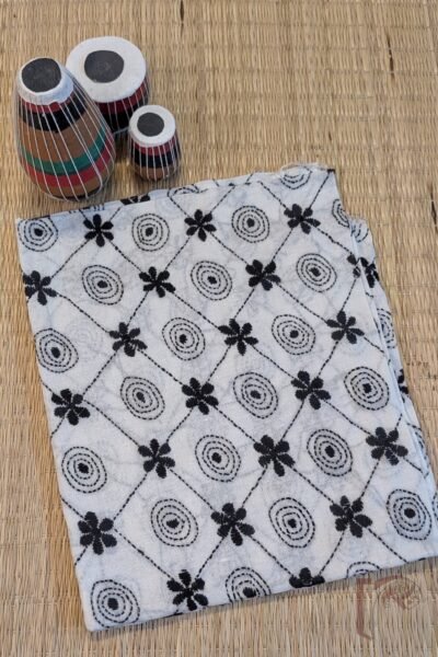 White Soft Cotton Blouse with Black Diamond Grid Kantha and Floral Circle Motifs
