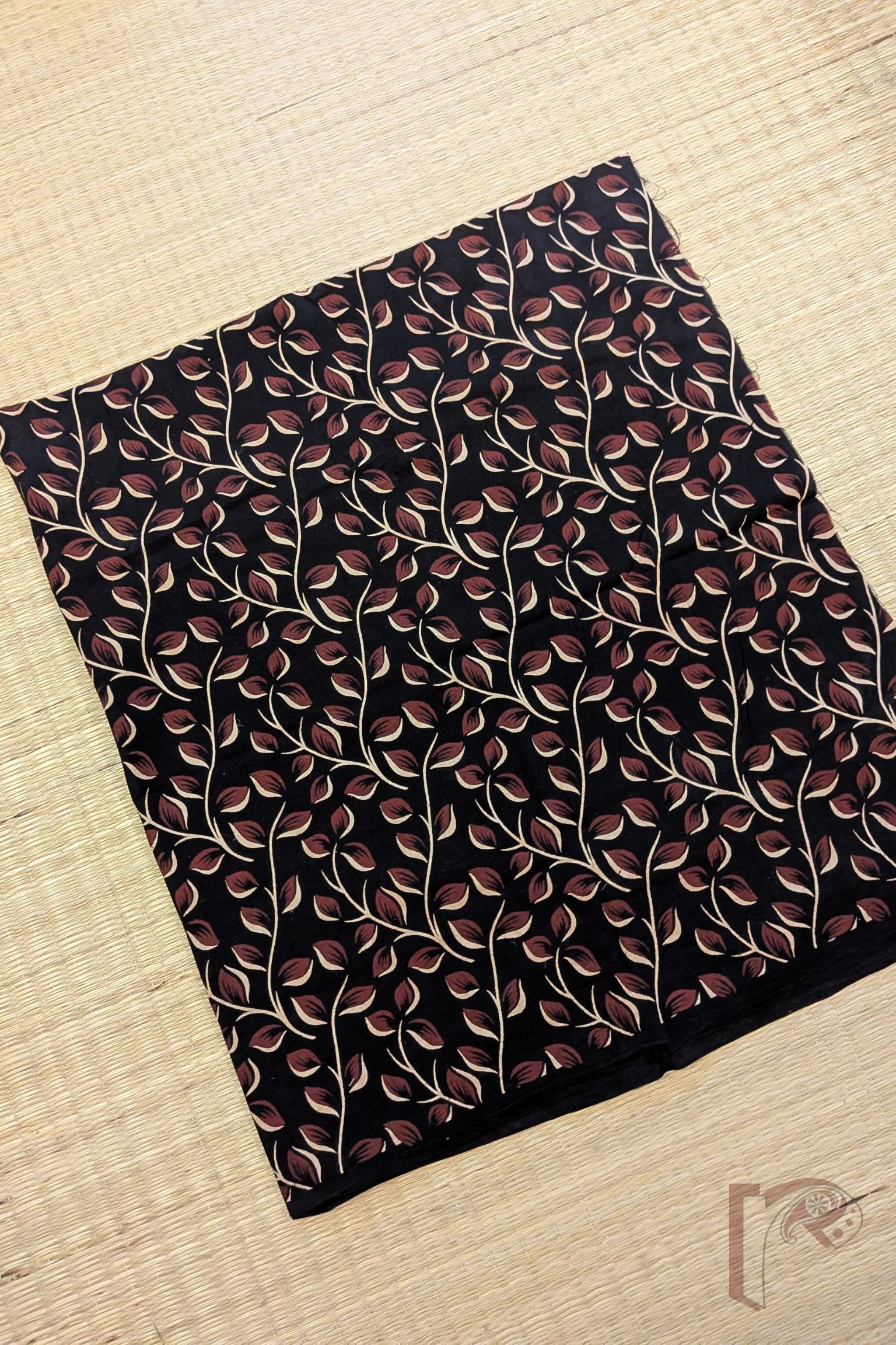 Black Cotton Ajrakh with Fawn and Maroon Leaf Stem Print Blouse Piece - Image 2