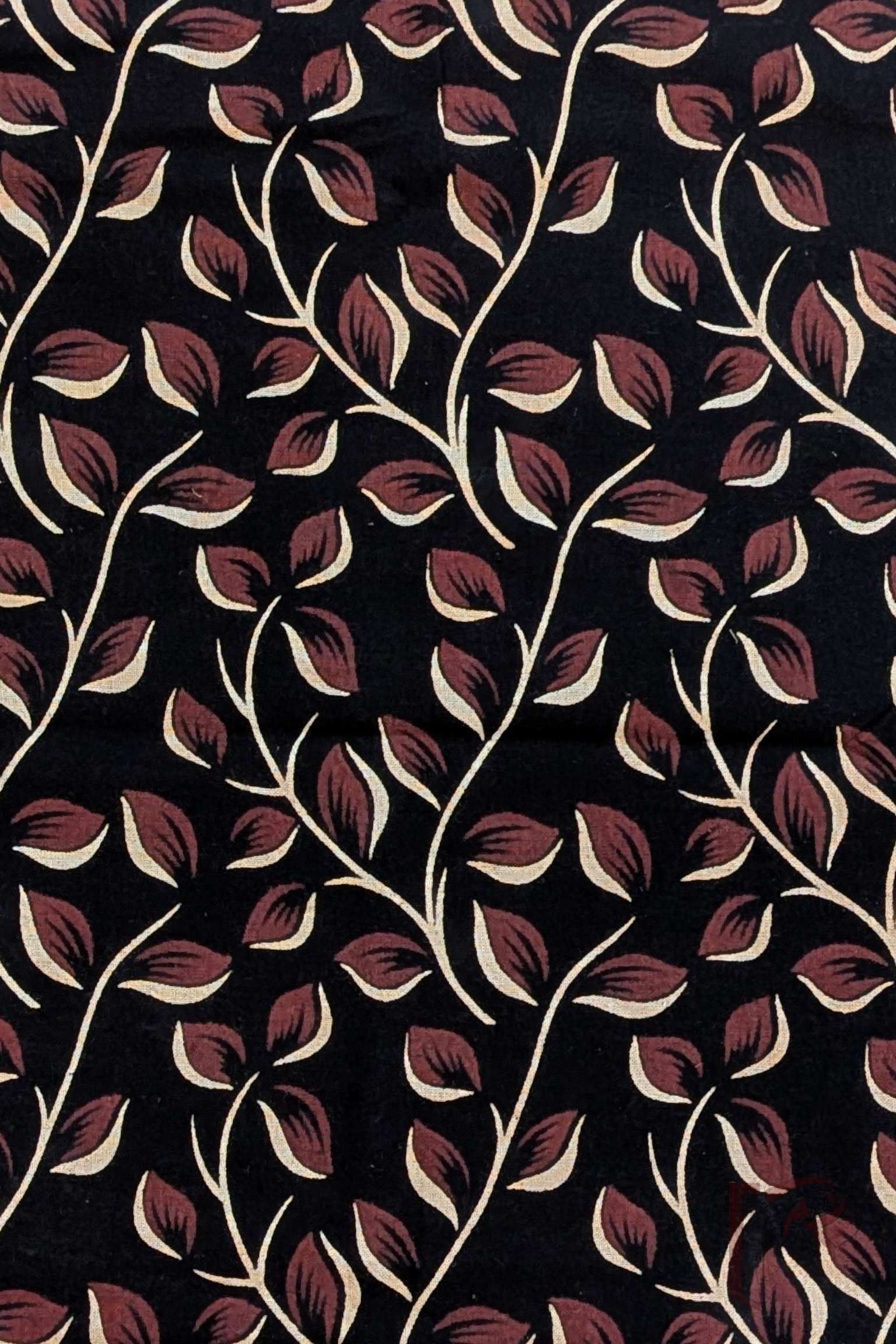 Black Cotton Ajrakh with Fawn and Maroon Leaf Stem Print Blouse Piece - Image 3