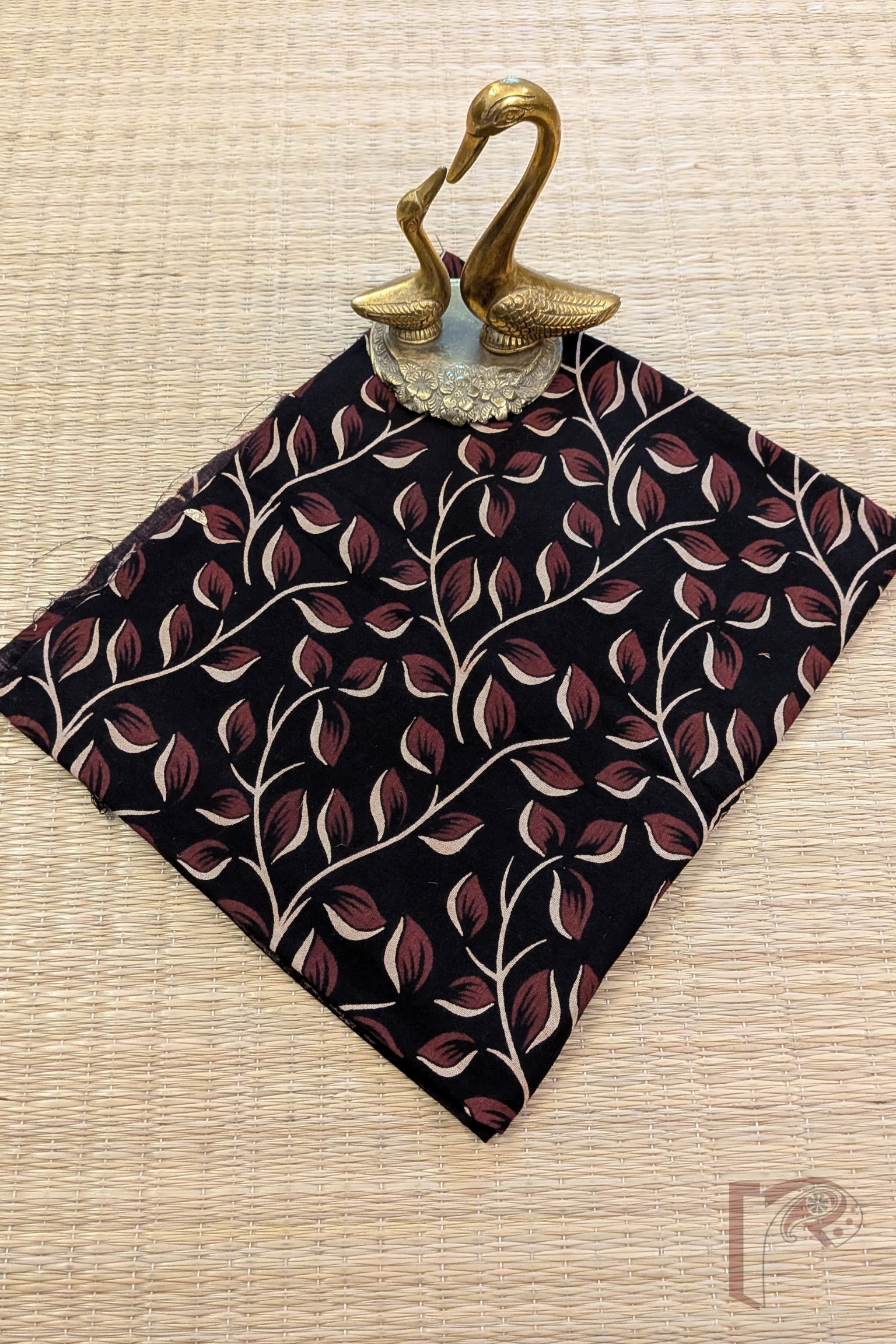 Black Cotton Ajrakh with Fawn and Maroon Leaf Stem Print Blouse Piece