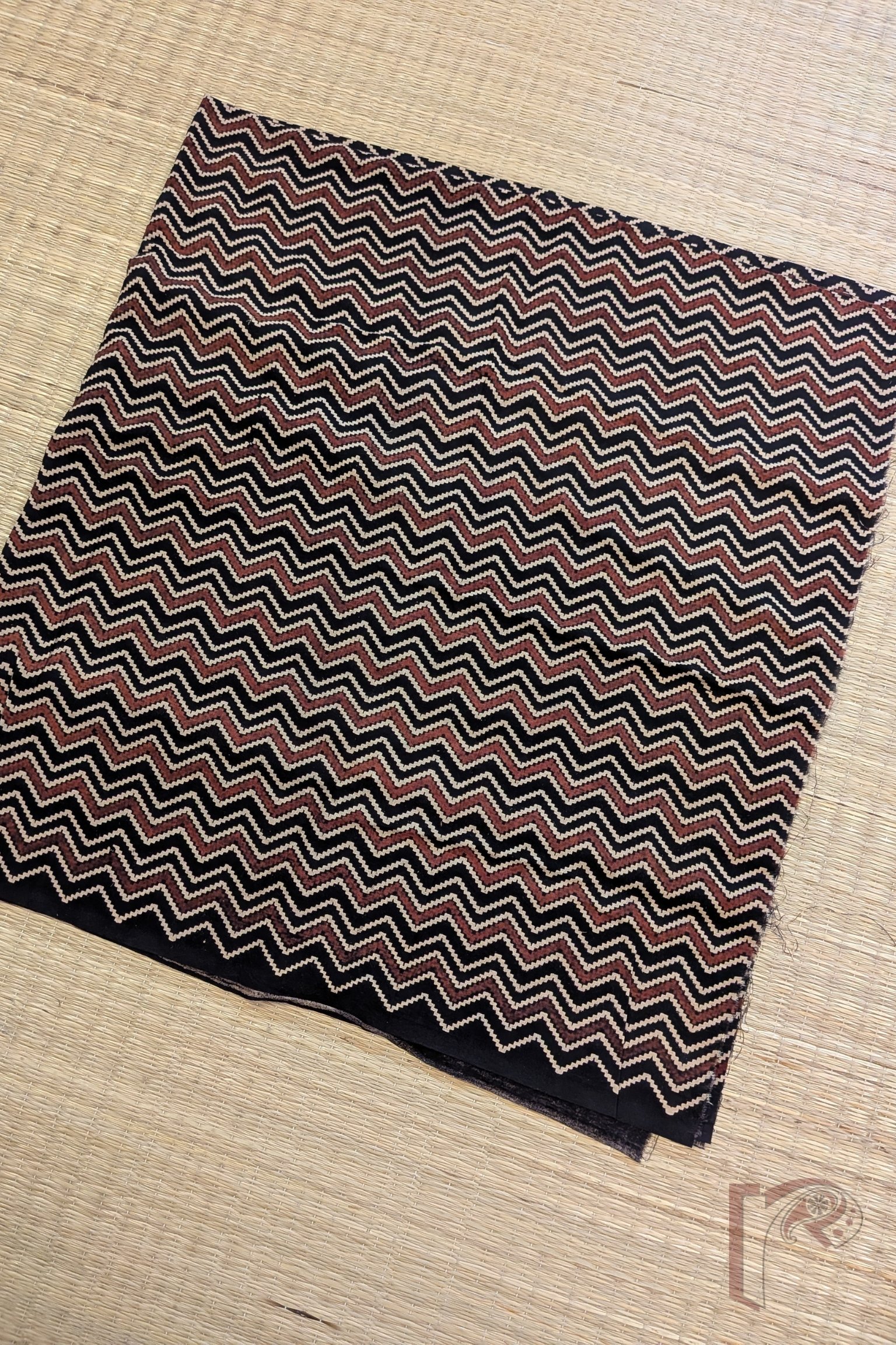 Black Cotton with Cream and Maroon Zigzag Print Blouse Piece - Image 2