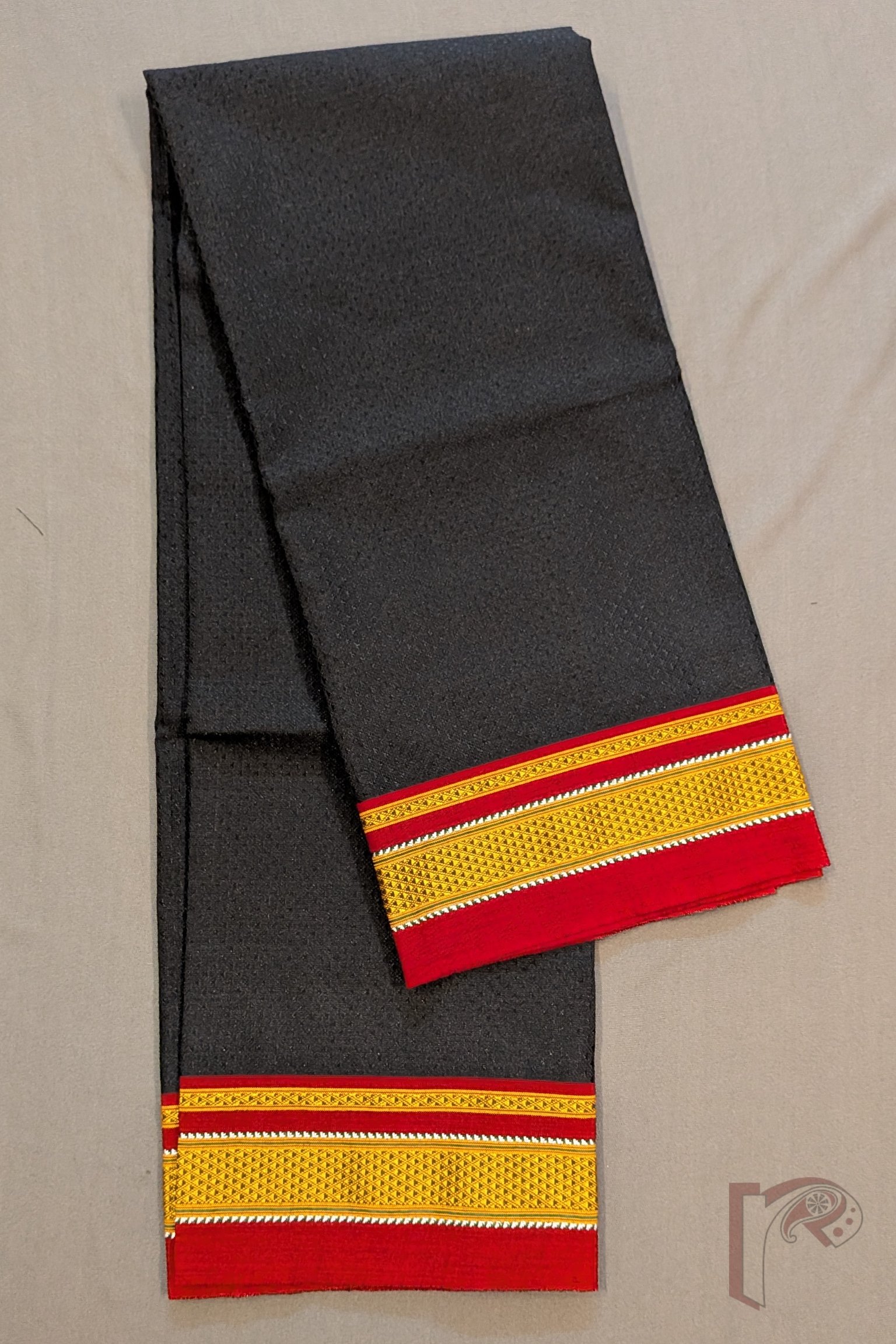 Black Cotton Silk Ilkal Blouse Piece with Red Border and Yellow-White Traditional Ilkal Weave Pattern - Image 2