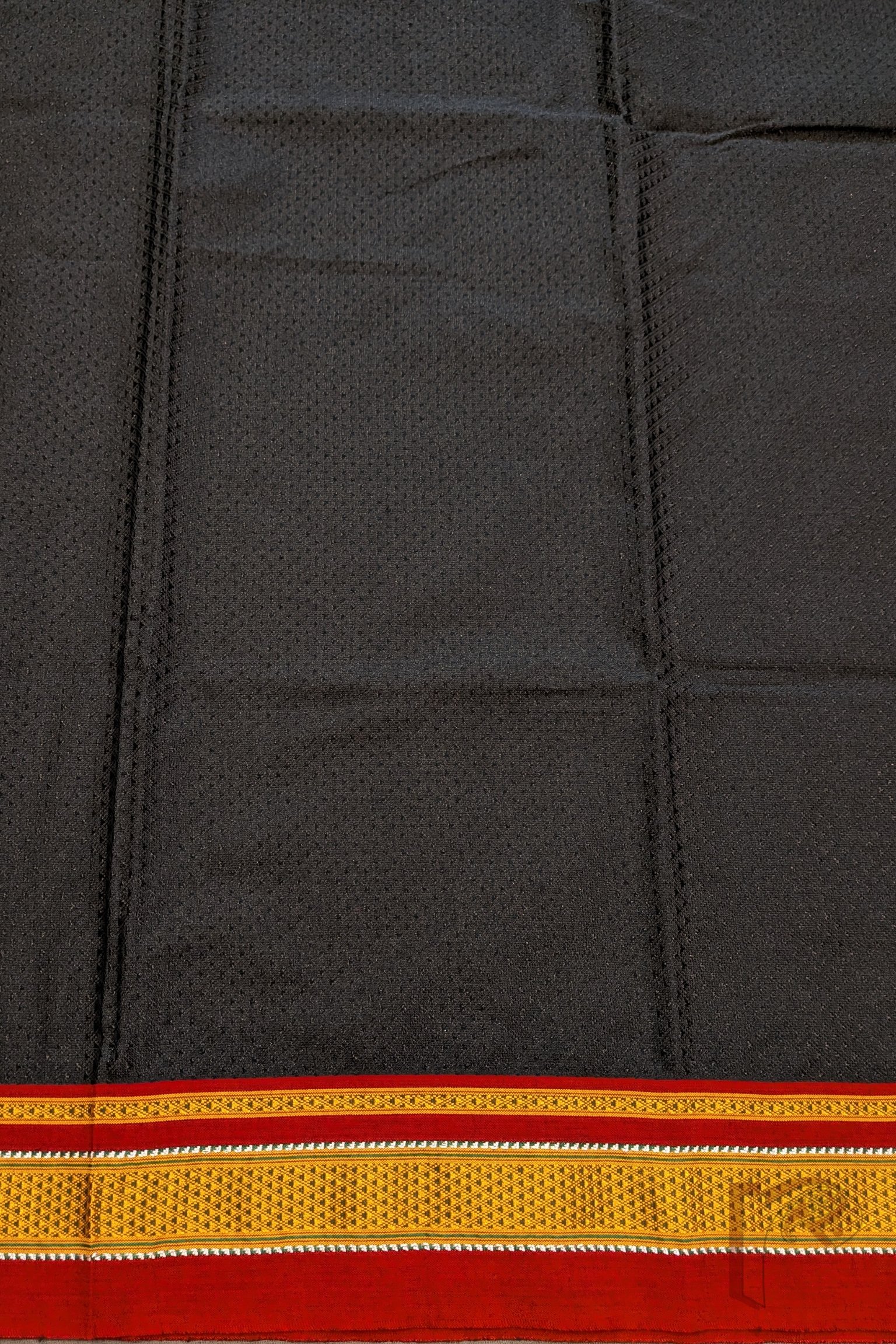 Black Cotton Silk Ilkal Blouse Piece with Red Border and Yellow-White Traditional Ilkal Weave Pattern - Image 3