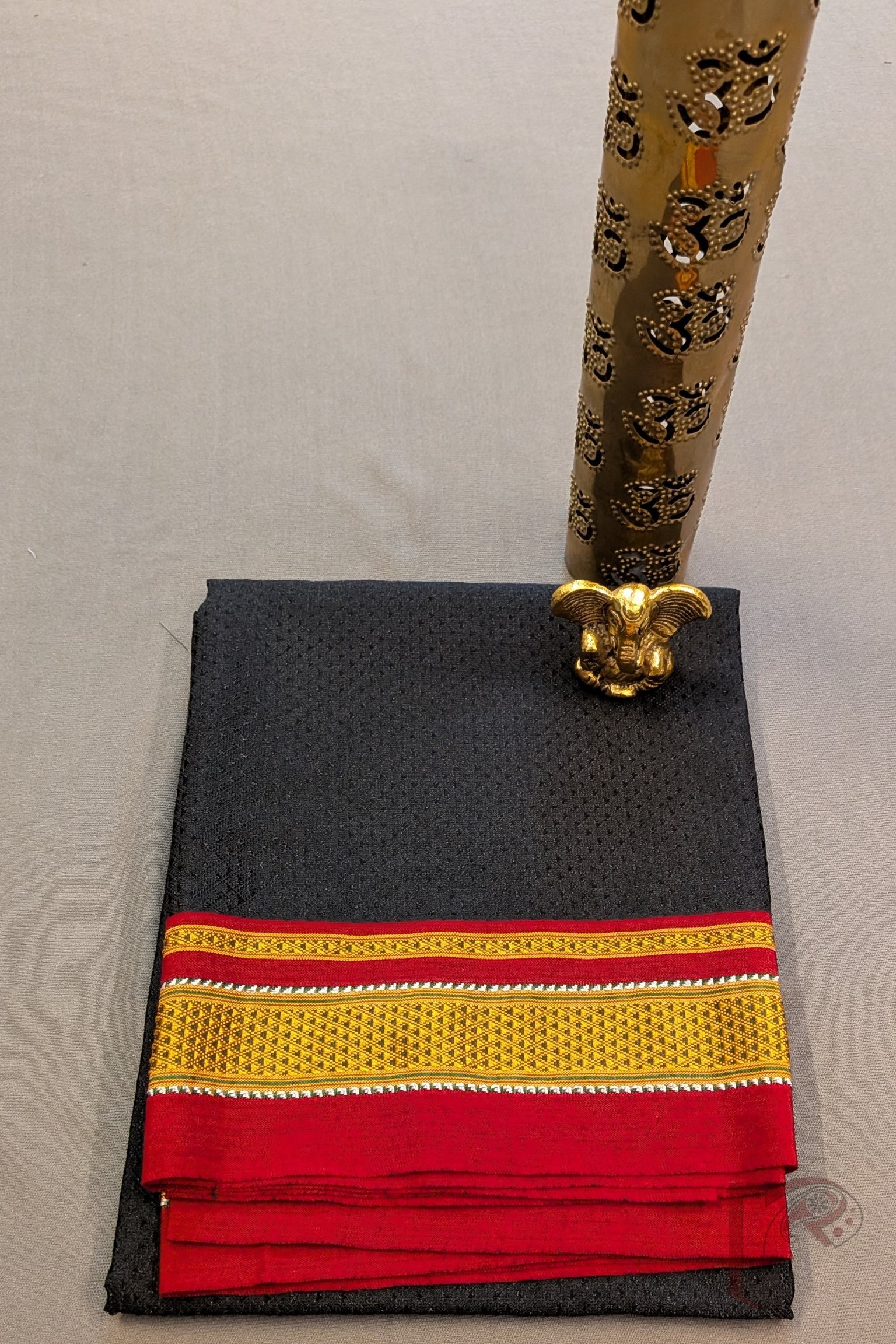 Black Cotton Silk Ilkal Blouse Piece with Red Border and Yellow-White Traditional Ilkal Weave Pattern