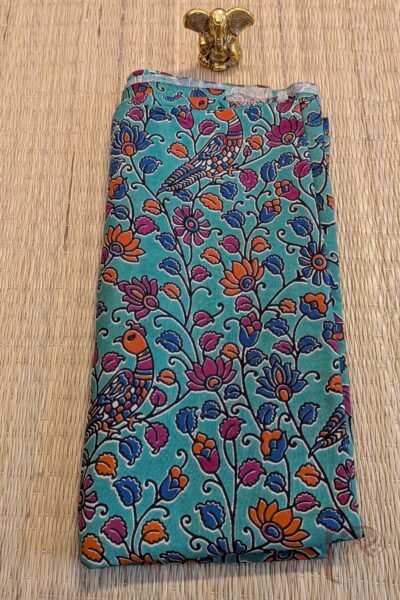 Teal Green Dupion Silk Kalamkari Blouse with Peacock and Multicolour Stem Motifs