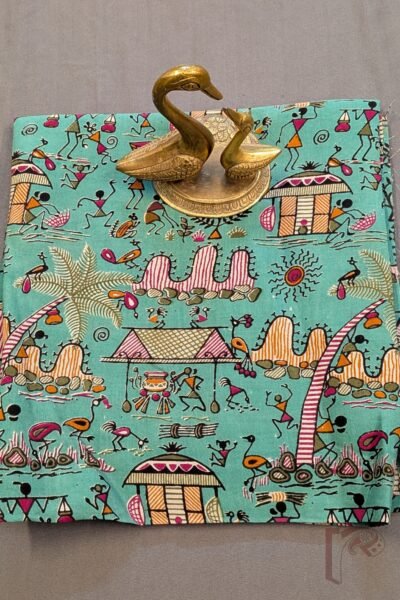 Sea Green Soft Cotton Silk Kalamkari Blouse with Multicolour Worli Figures, Sun and Village Motifs