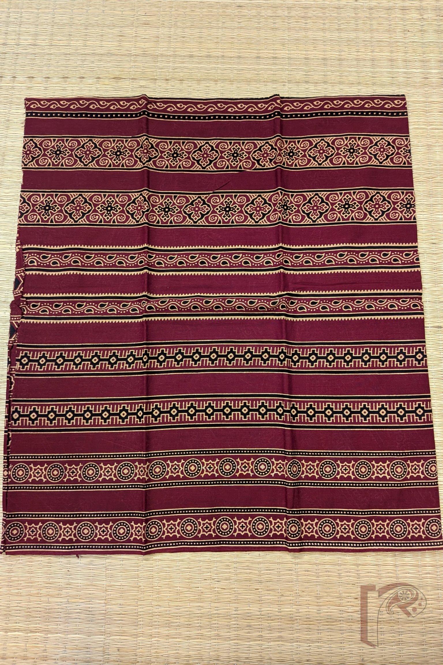 Maroon Cotton Bandhej Blouse Piece with Black & Cream Circle Square and Abstract Diamond Lines - Image 2