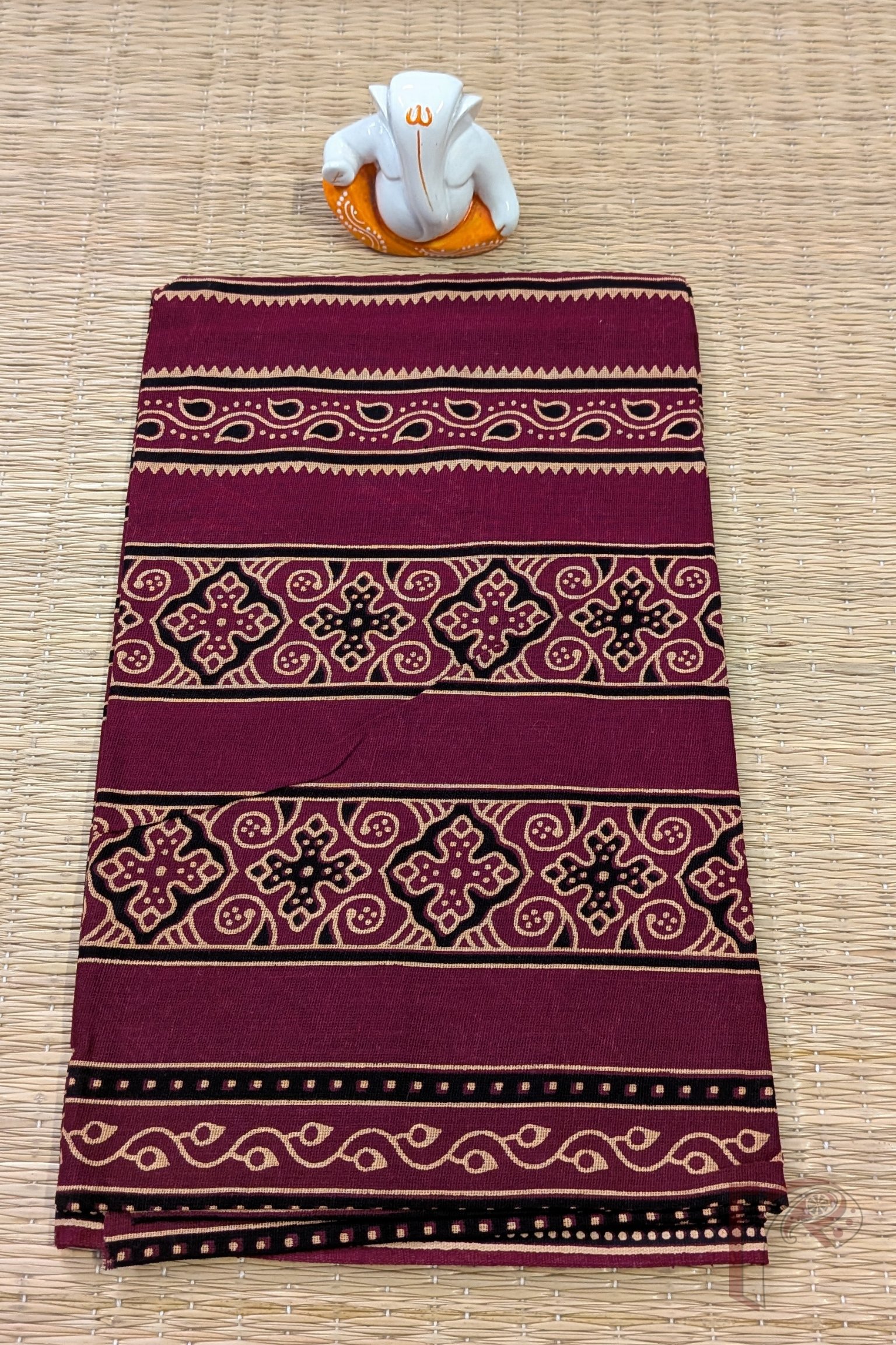 Maroon Cotton Bandhej Blouse Piece with Black & Cream Circle Square and Abstract Diamond Lines