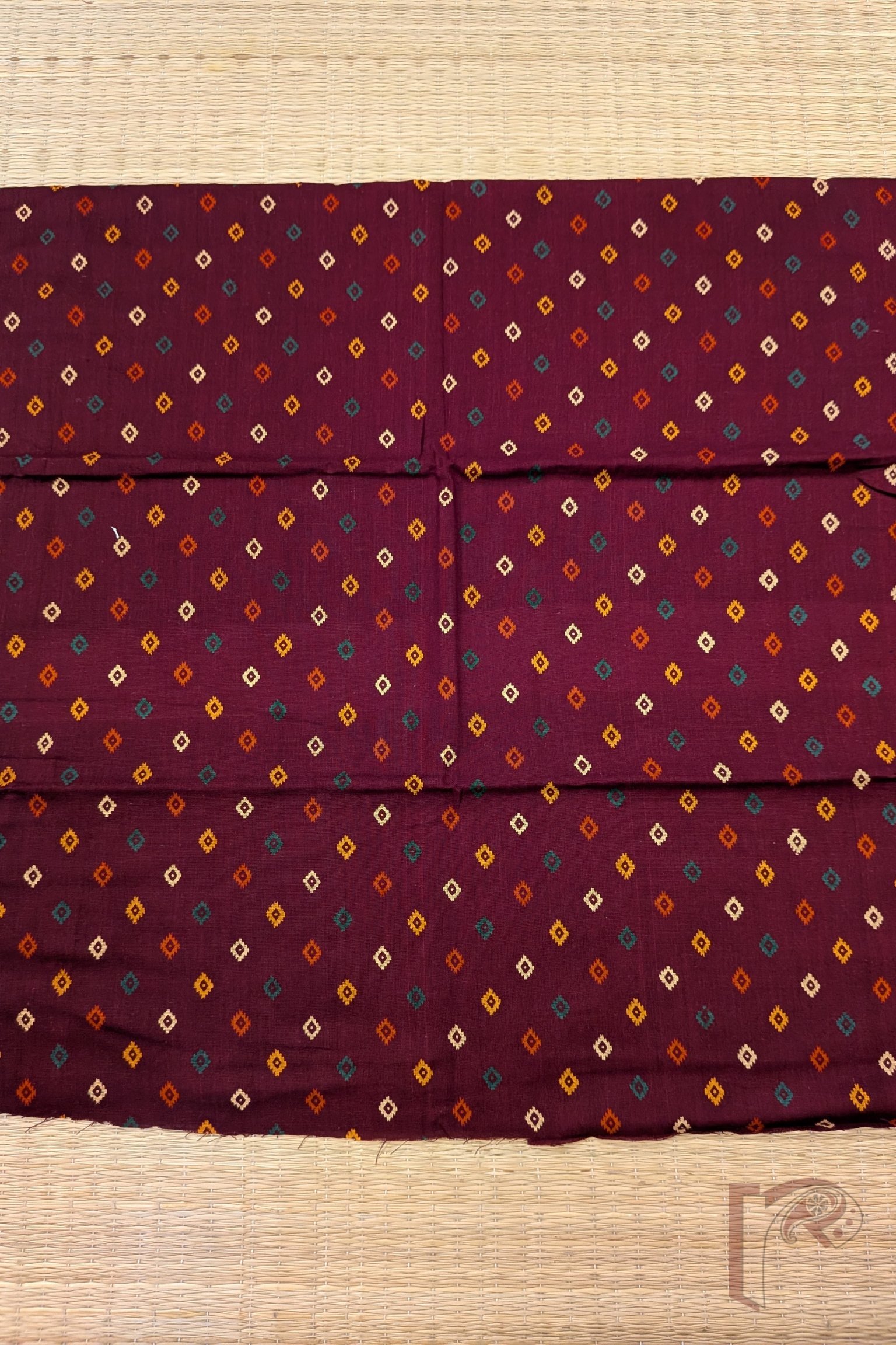 Maroon Cotton Bandhej Blouse Piece with Multicolour Small Diamond Motifs - Image 2
