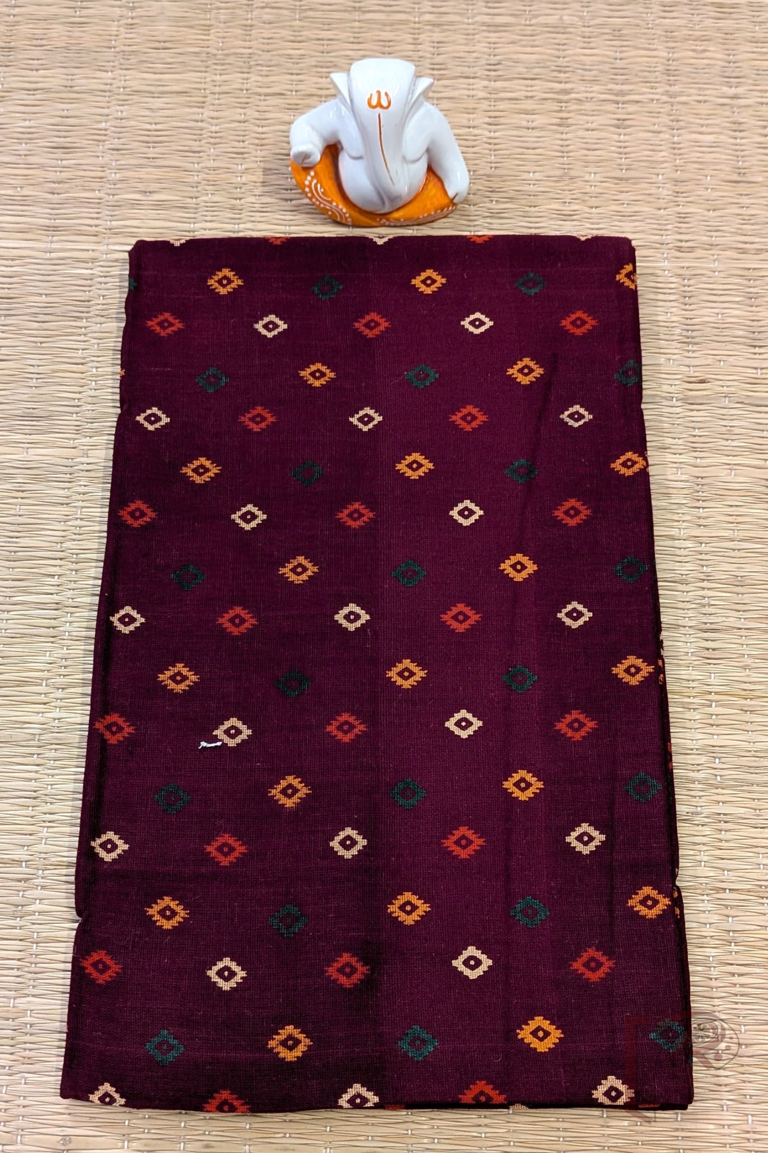 Maroon Cotton Bandhej Blouse Piece with Multicolour Small Diamond Motifs