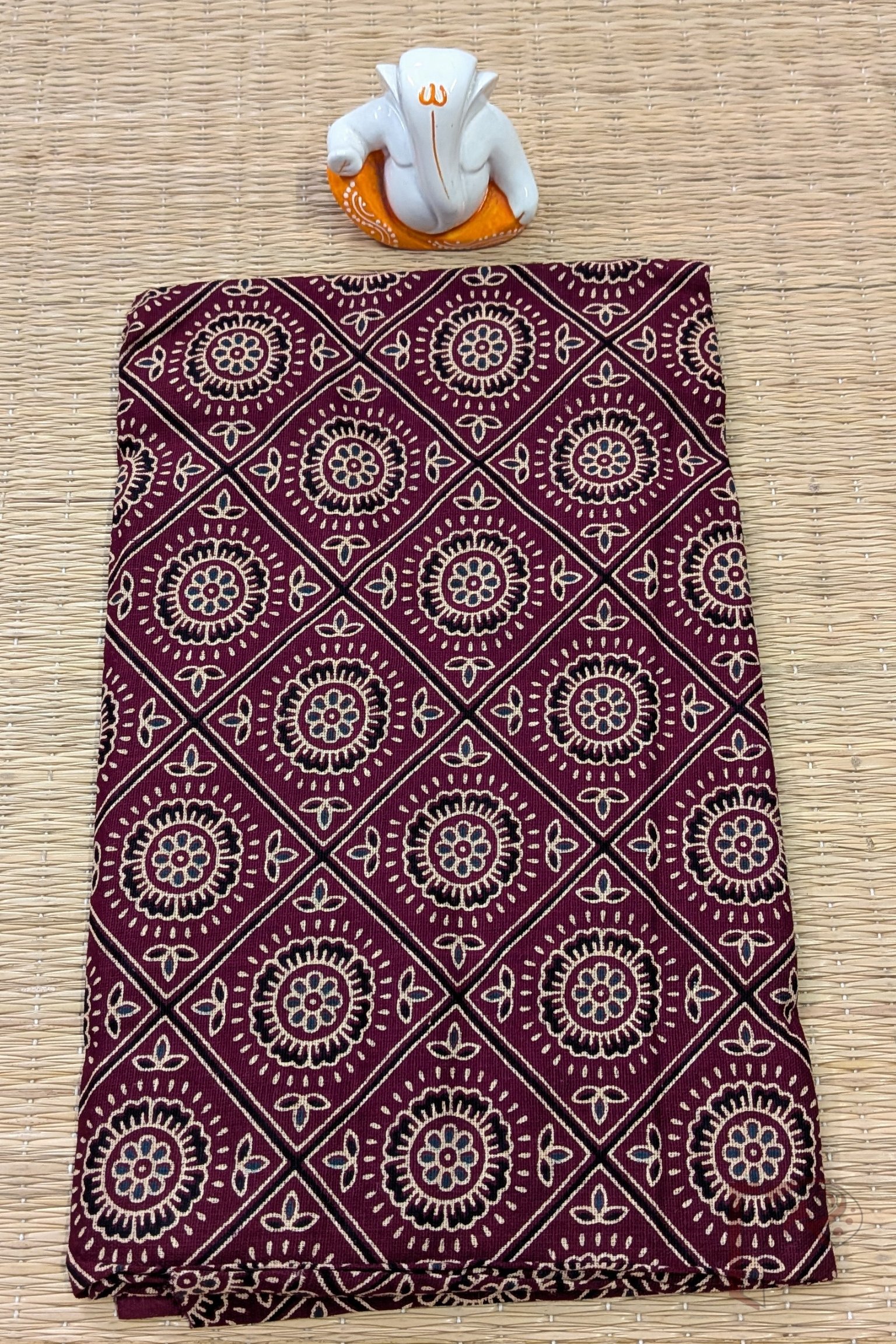 Brown Cotton Bandhej Blouse Piece with Black Diamond Grid and Ajrakh Inspired Motifs in Black & Cream