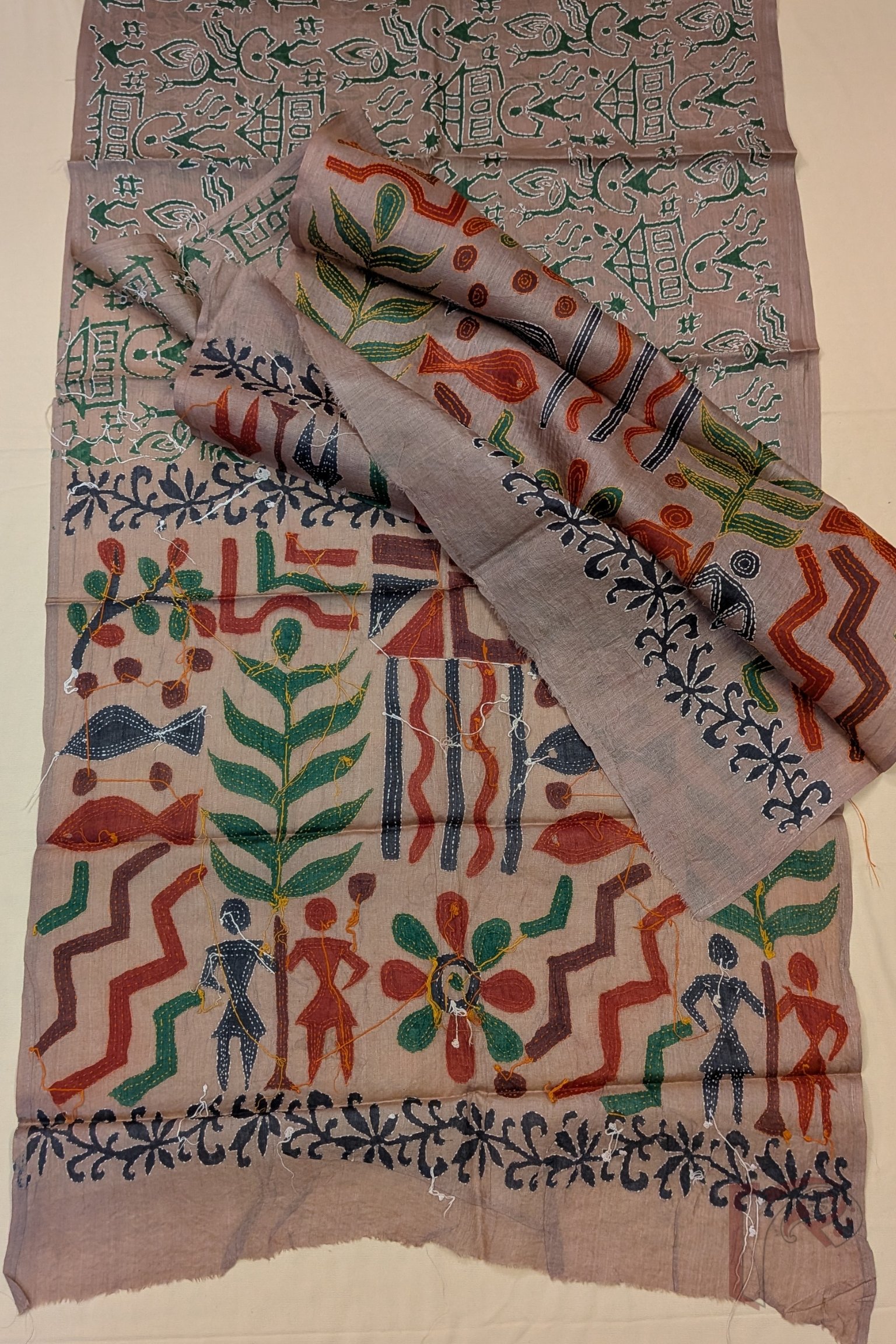 Dreamy Drapes - Flesh Pink Tussar Silk Folk Hand Block Printed Kantha Stole with Multicolour Embroidery - Image 2