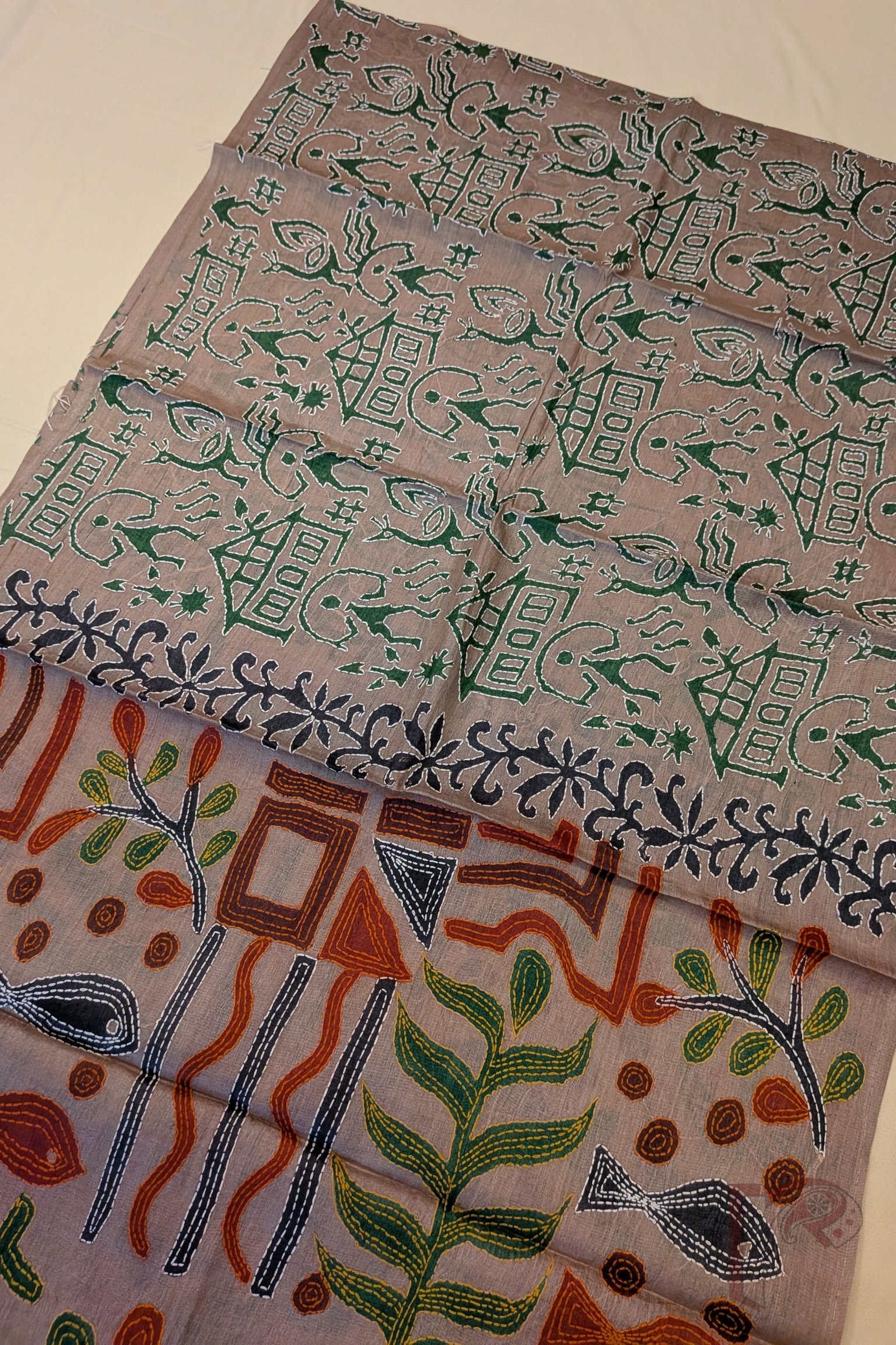 Dreamy Drapes - Flesh Pink Tussar Silk Folk Hand Block Printed Kantha Stole with Multicolour Embroidery - Image 3