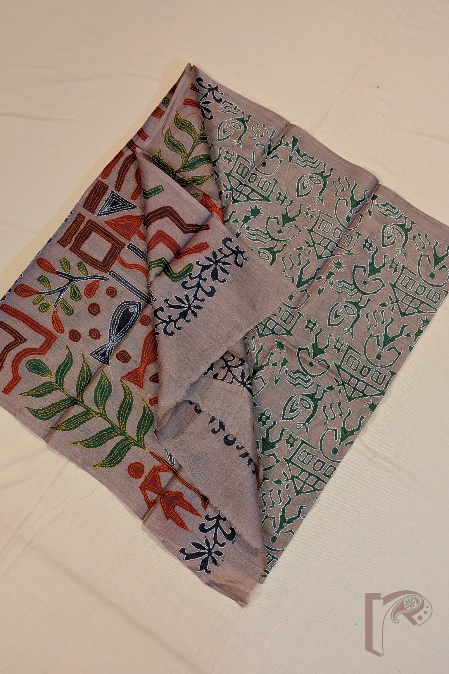 Dreamy Drapes - Flesh Pink Tussar Silk Folk Hand Block Printed Kantha Stole with Multicolour Embroidery - Image 4