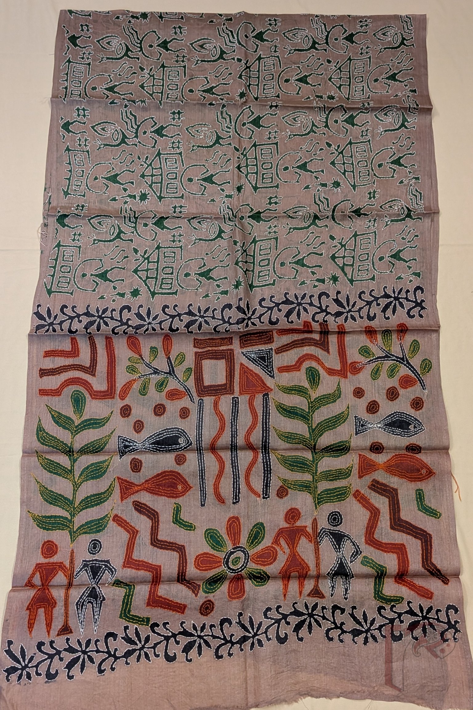 Dreamy Drapes - Flesh Pink Tussar Silk Folk Hand Block Printed Kantha Stole with Multicolour Embroidery - Image 5