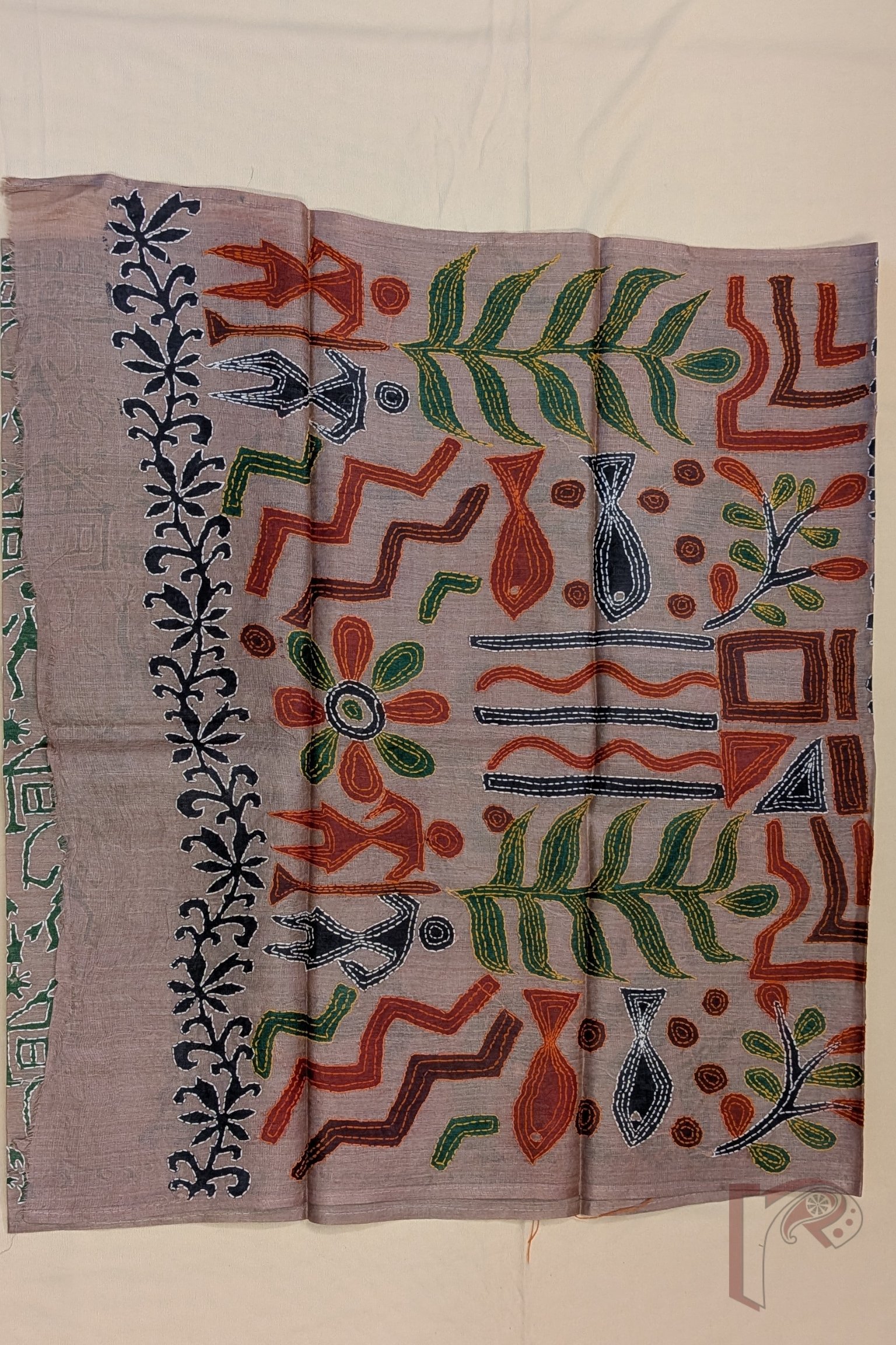 Dreamy Drapes - Flesh Pink Tussar Silk Folk Hand Block Printed Kantha Stole with Multicolour Embroidery - Image 6