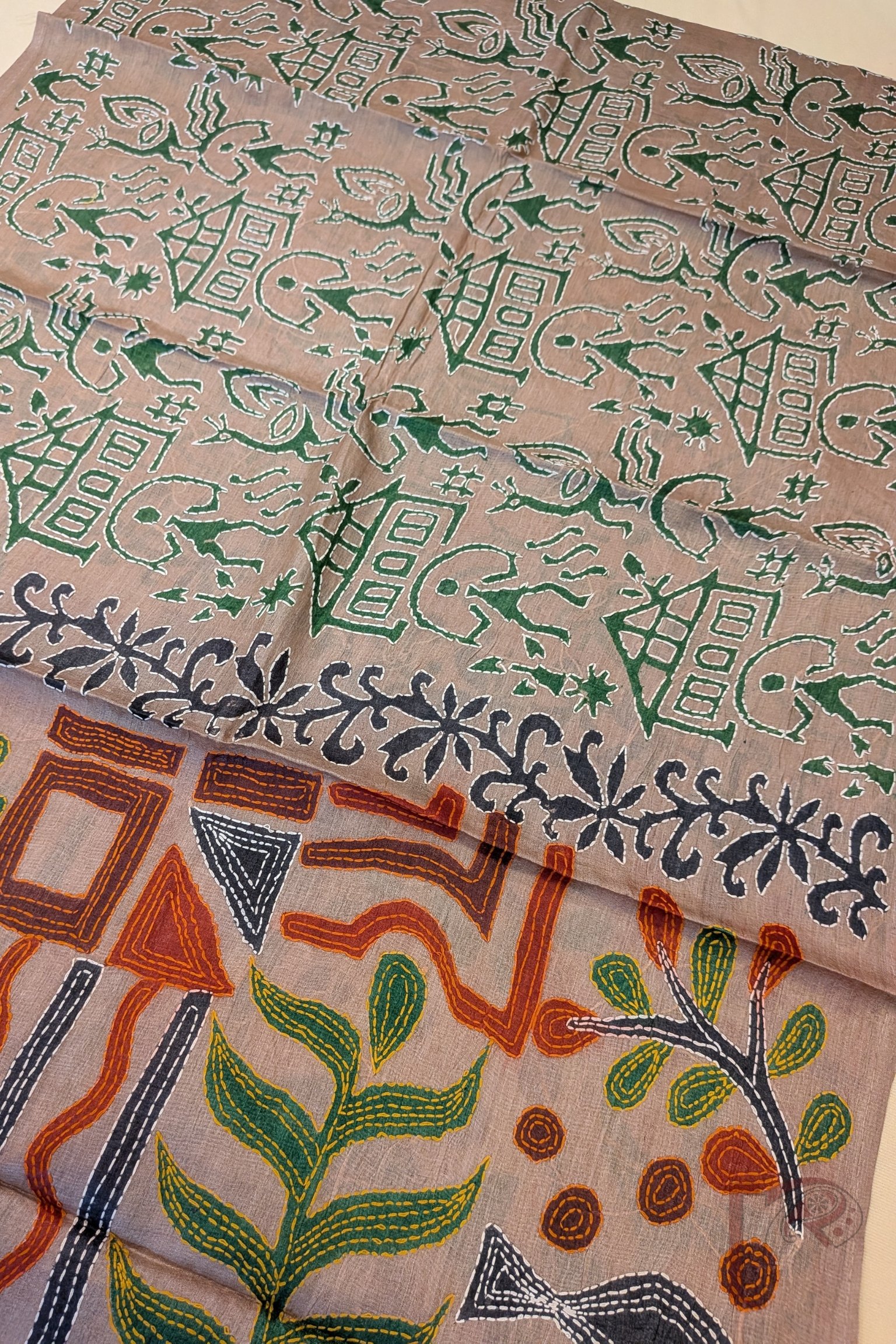 Dreamy Drapes - Flesh Pink Tussar Silk Folk Hand Block Printed Kantha Stole with Multicolour Embroidery - Image 7