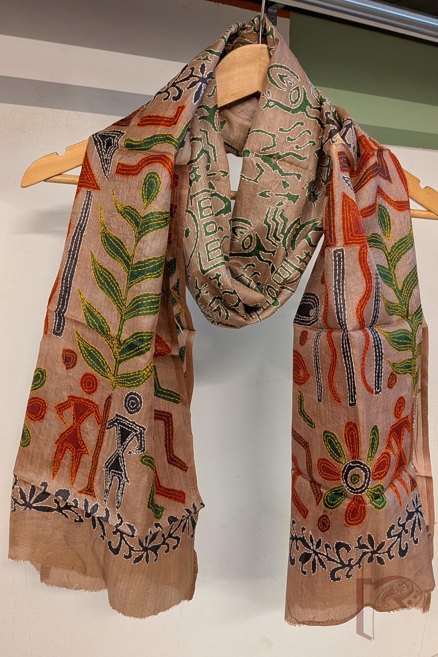 Dreamy Drapes - Flesh Pink Tussar Silk Folk Hand Block Printed Kantha Stole with Multicolour Embroidery
