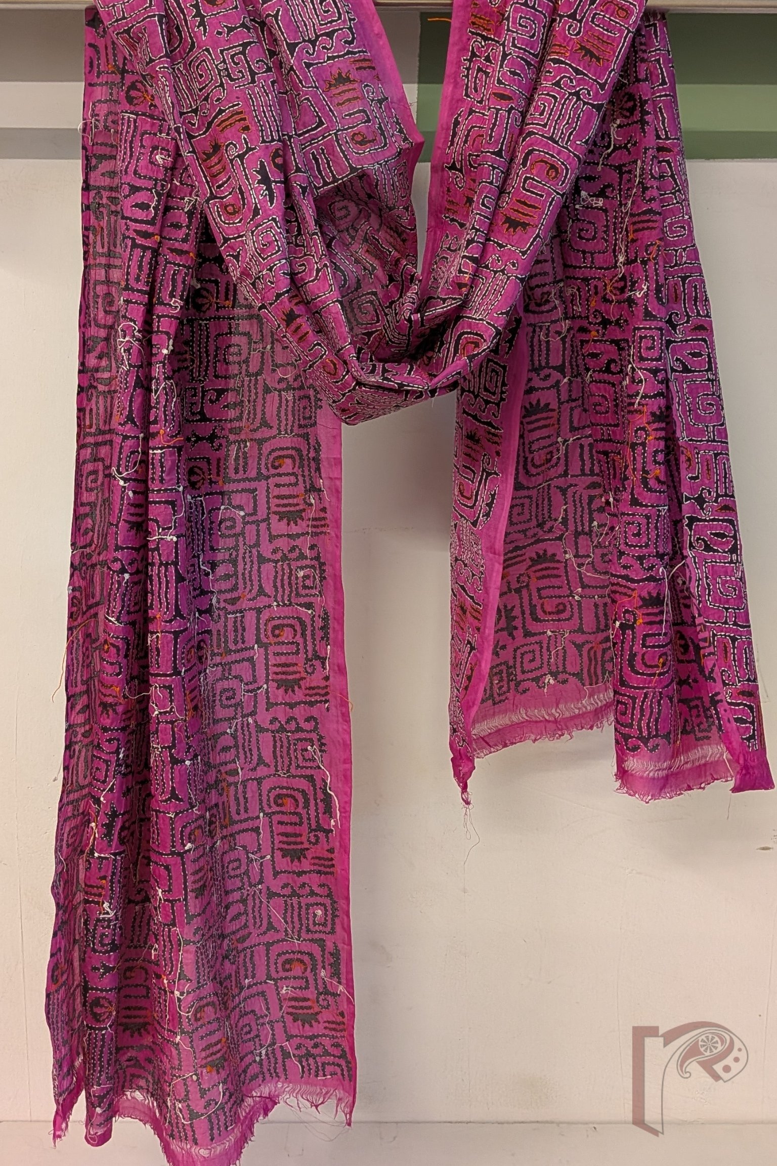 Dreamy Drapes - Bright Pink Tussar Kantha Dupatta with Black Abstract Print and White Tomato Pink Stitch - Image 2