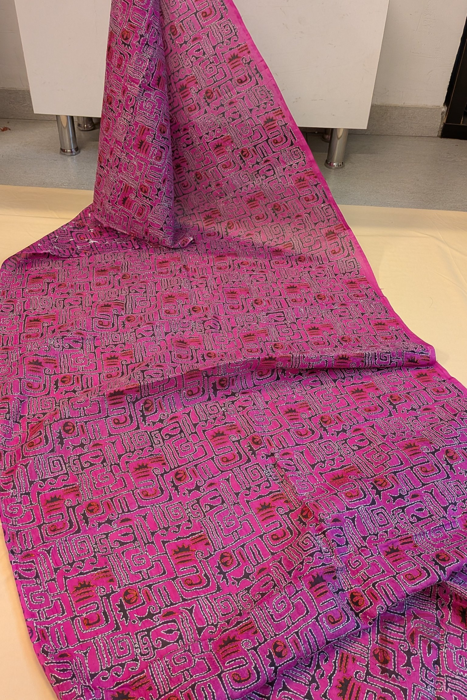 Dreamy Drapes - Bright Pink Tussar Kantha Dupatta with Black Abstract Print and White Tomato Pink Stitch - Image 3