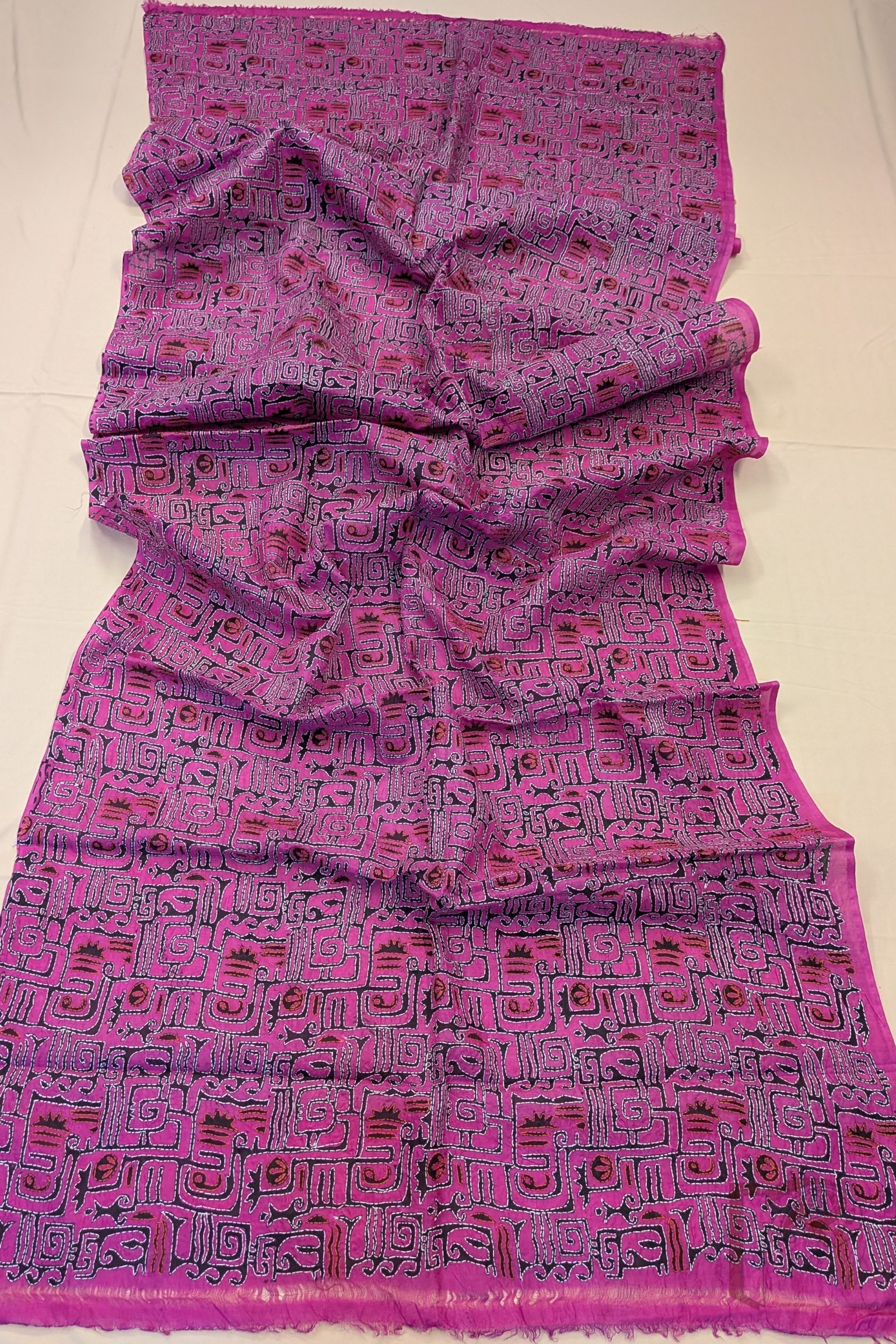 Dreamy Drapes - Bright Pink Tussar Kantha Dupatta with Black Abstract Print and White Tomato Pink Stitch - Image 4