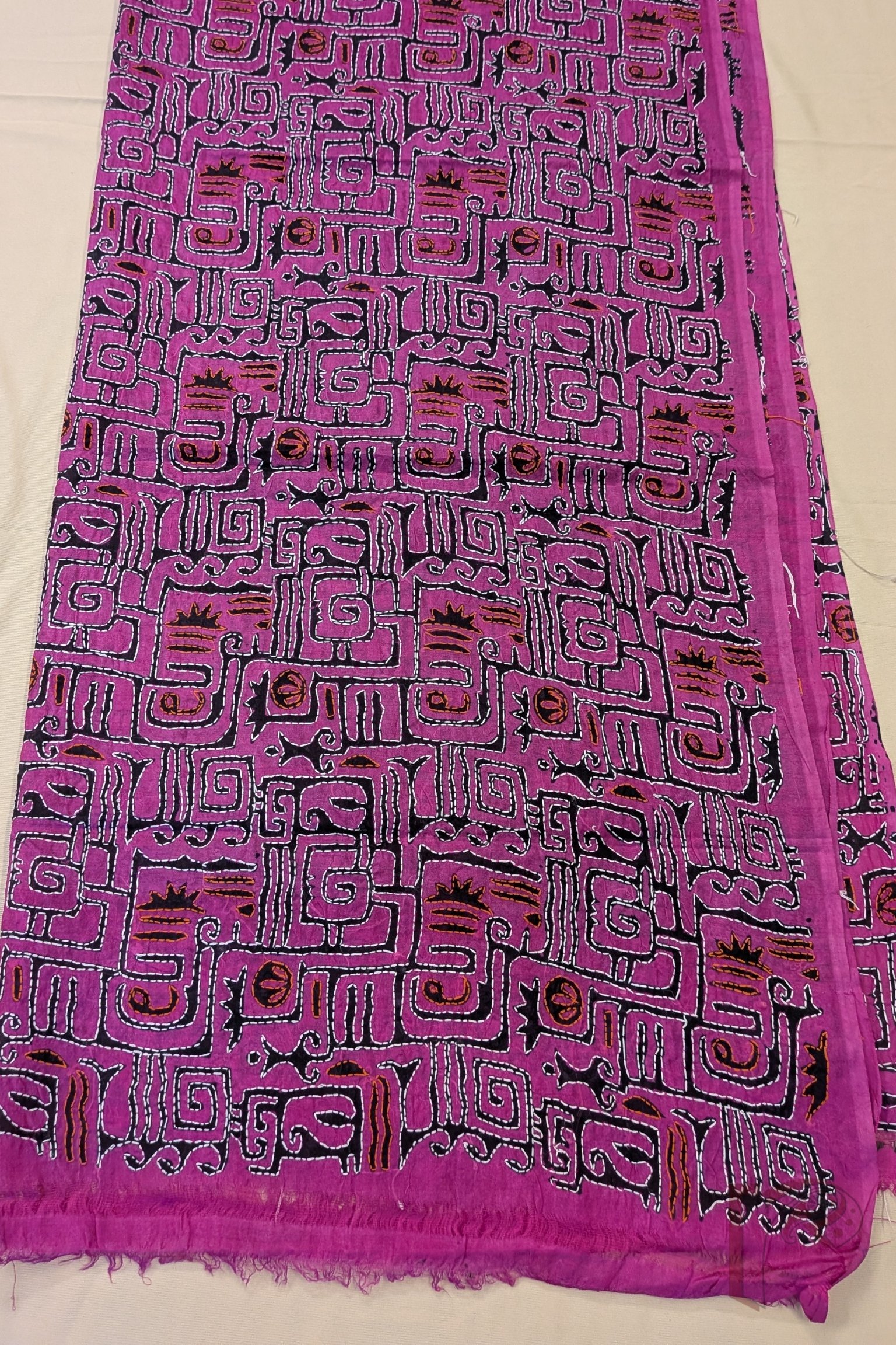 Dreamy Drapes - Bright Pink Tussar Kantha Dupatta with Black Abstract Print and White Tomato Pink Stitch - Image 5