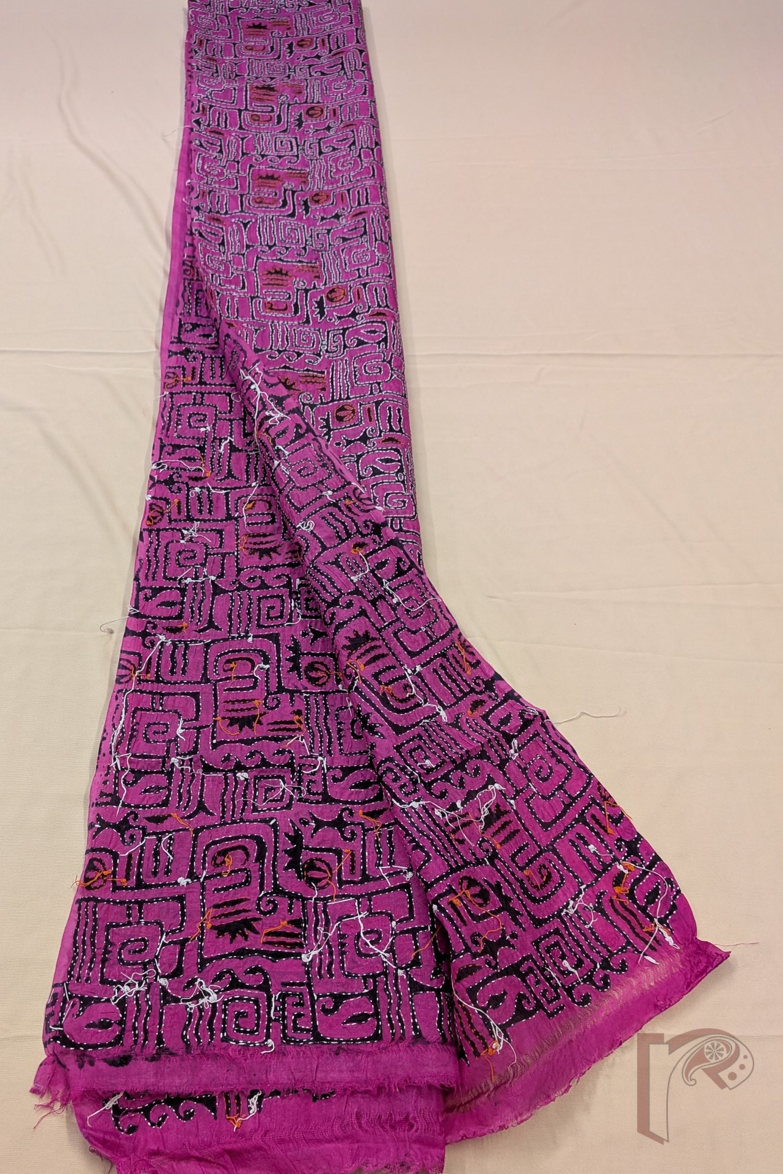 Dreamy Drapes - Bright Pink Tussar Kantha Dupatta with Black Abstract Print and White Tomato Pink Stitch - Image 6