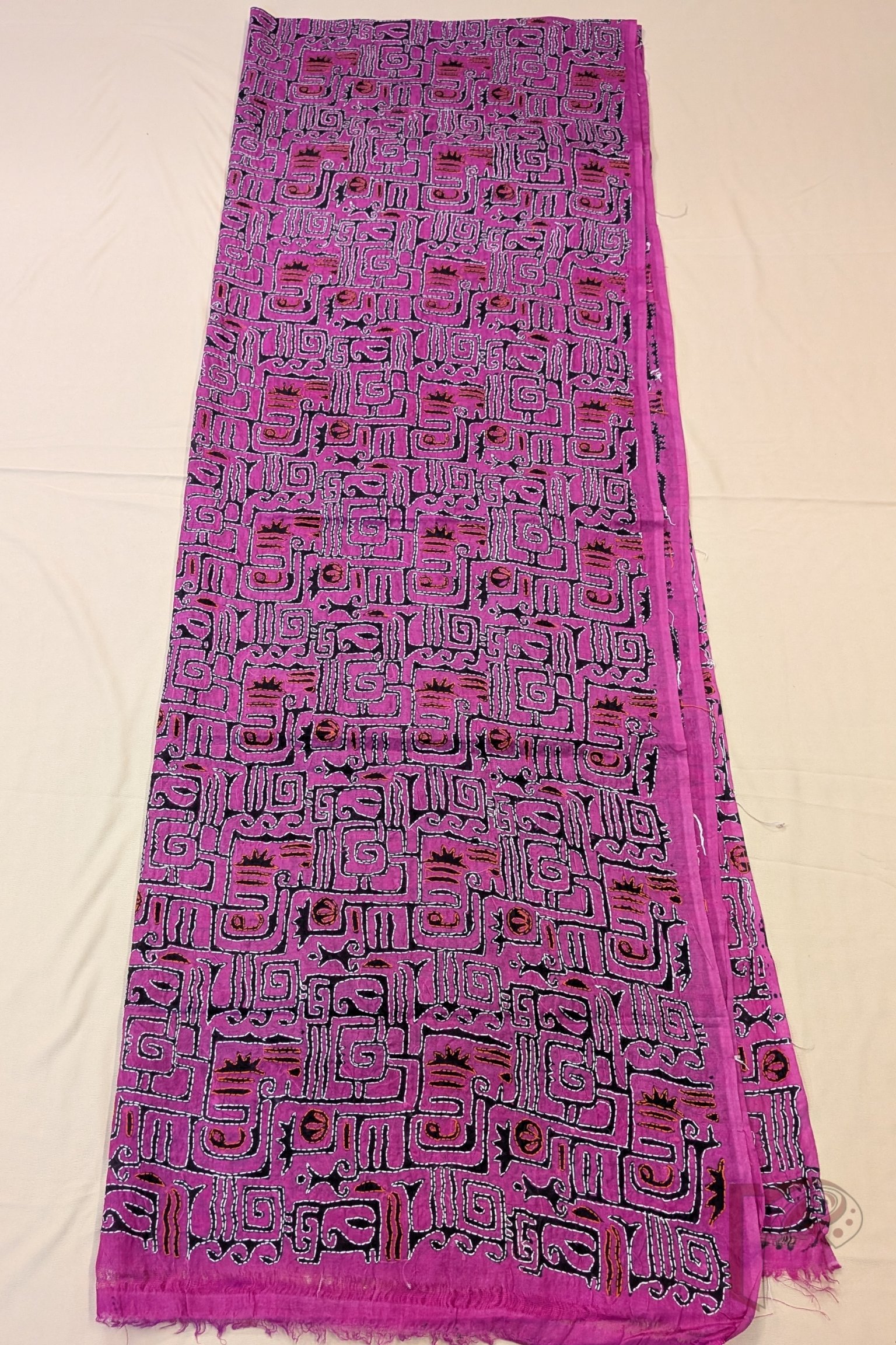 Dreamy Drapes - Bright Pink Tussar Kantha Dupatta with Black Abstract Print and White Tomato Pink Stitch - Image 7